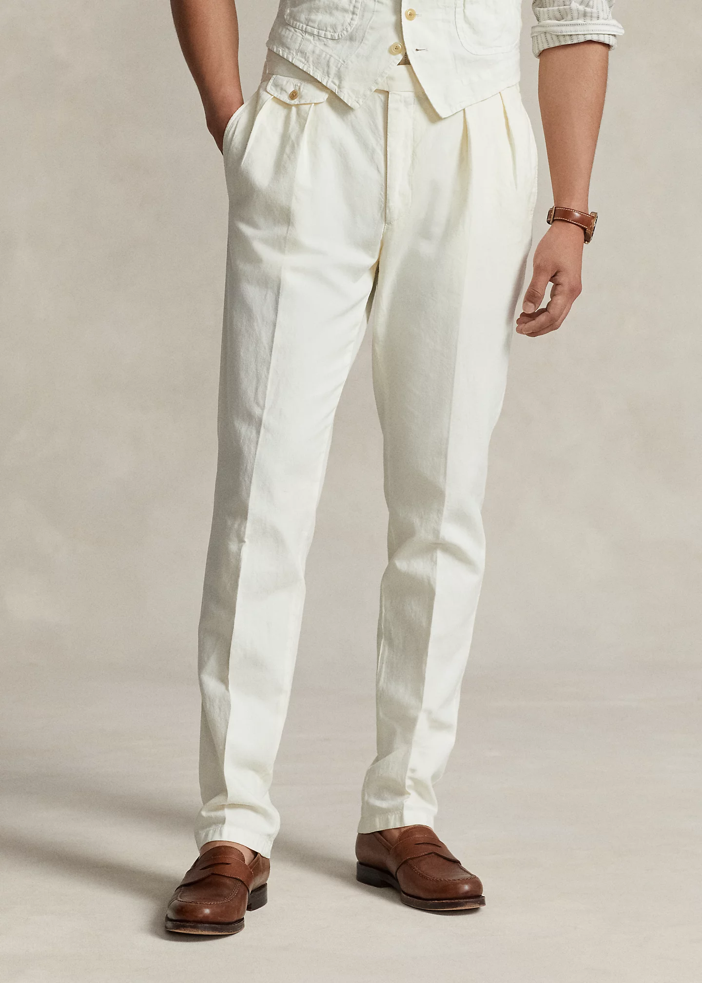Pleated Cotton-Linen Suit Trouser