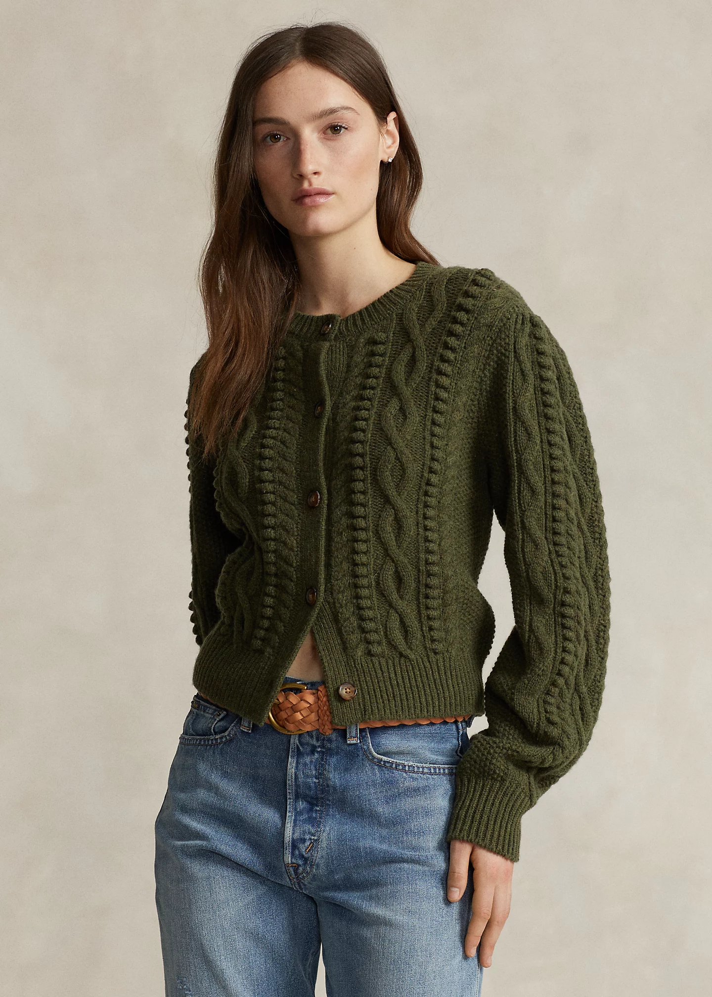 Aran Blouson-Sleeve Wool-Blend Cardigan