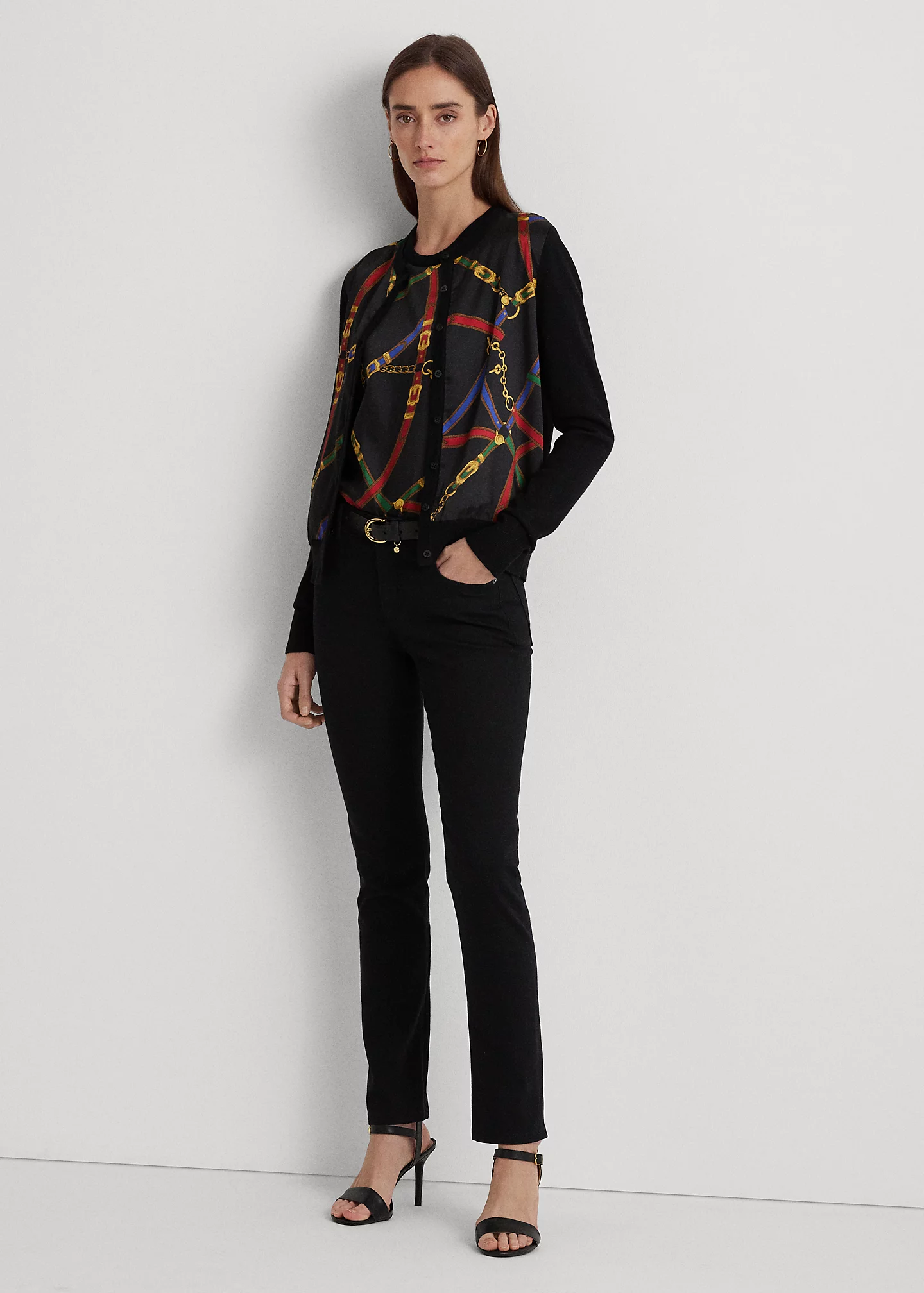 Belting-Print Twill & Jersey Cardigan