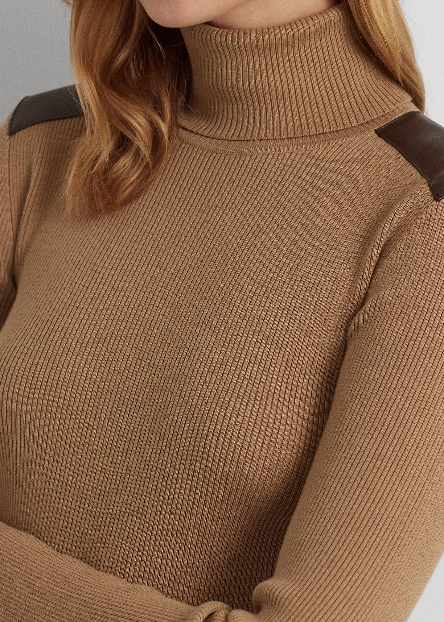 Faux-Leather-Trim Ribbed Turtleneck