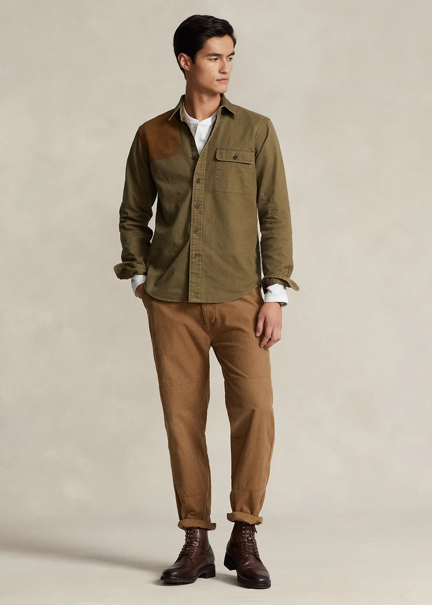 Custom Fit Suede-Patch Chino Shirt