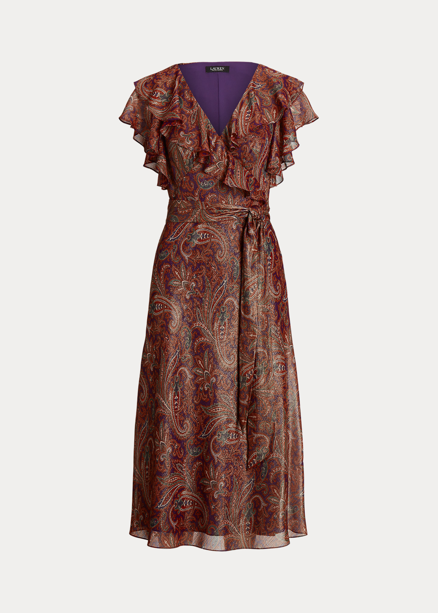 Print Ruffle-Trim Metallic Chiffon Dress