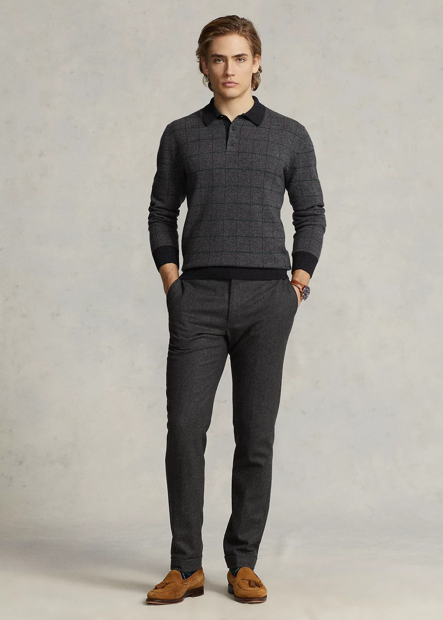 Checked Wool Polo-Collar Sweater