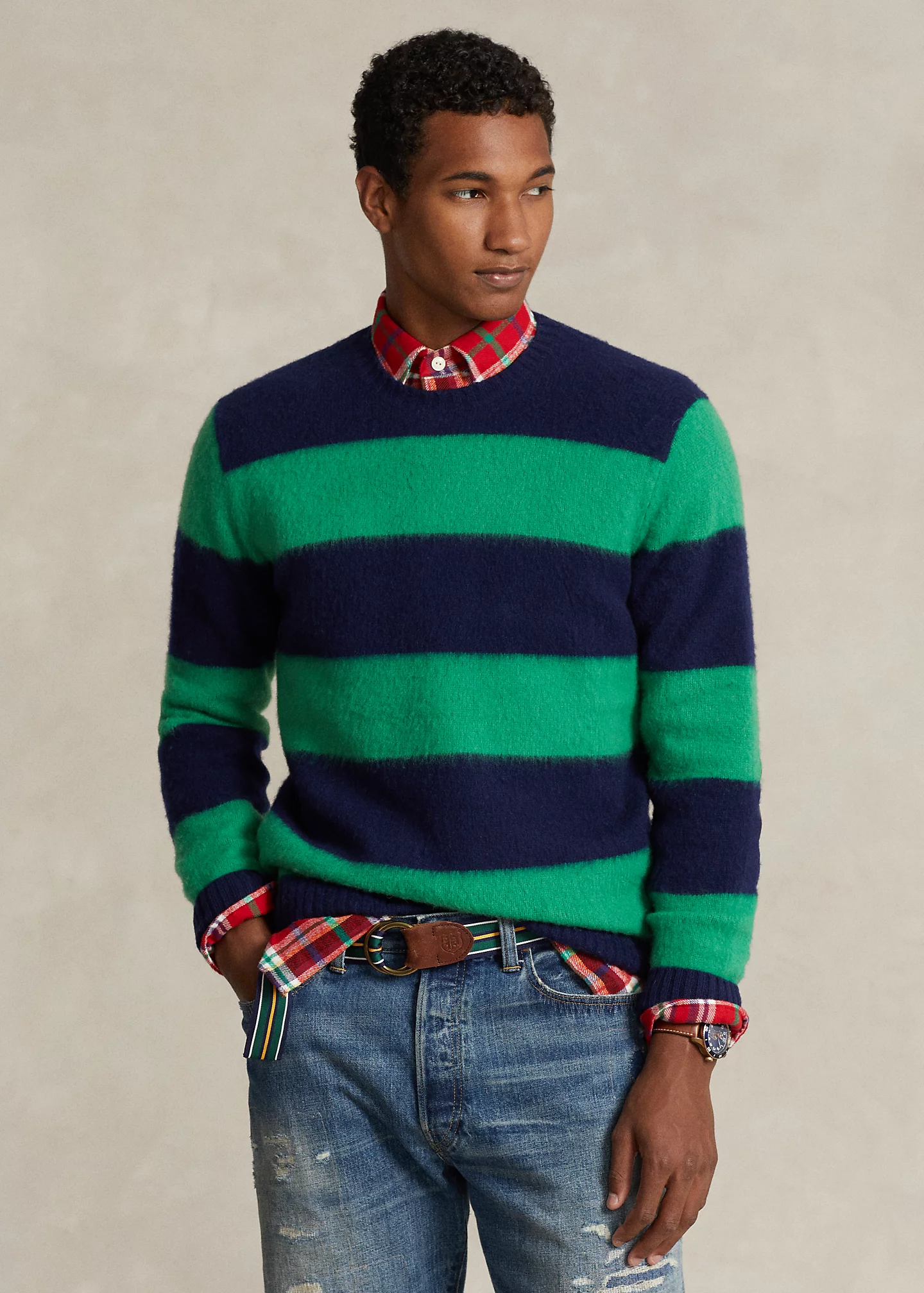 Suede-Trim Striped Wool-Cashmere Sweater