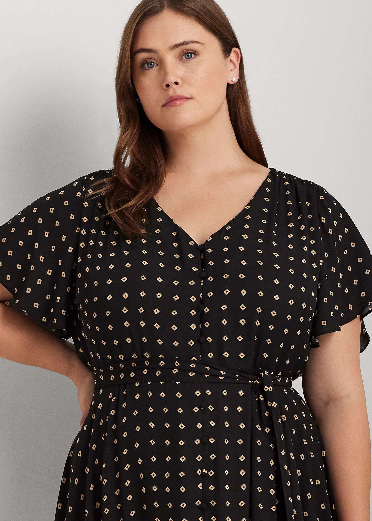 Geo-Print Crepe Flutter-Sleeve Dress