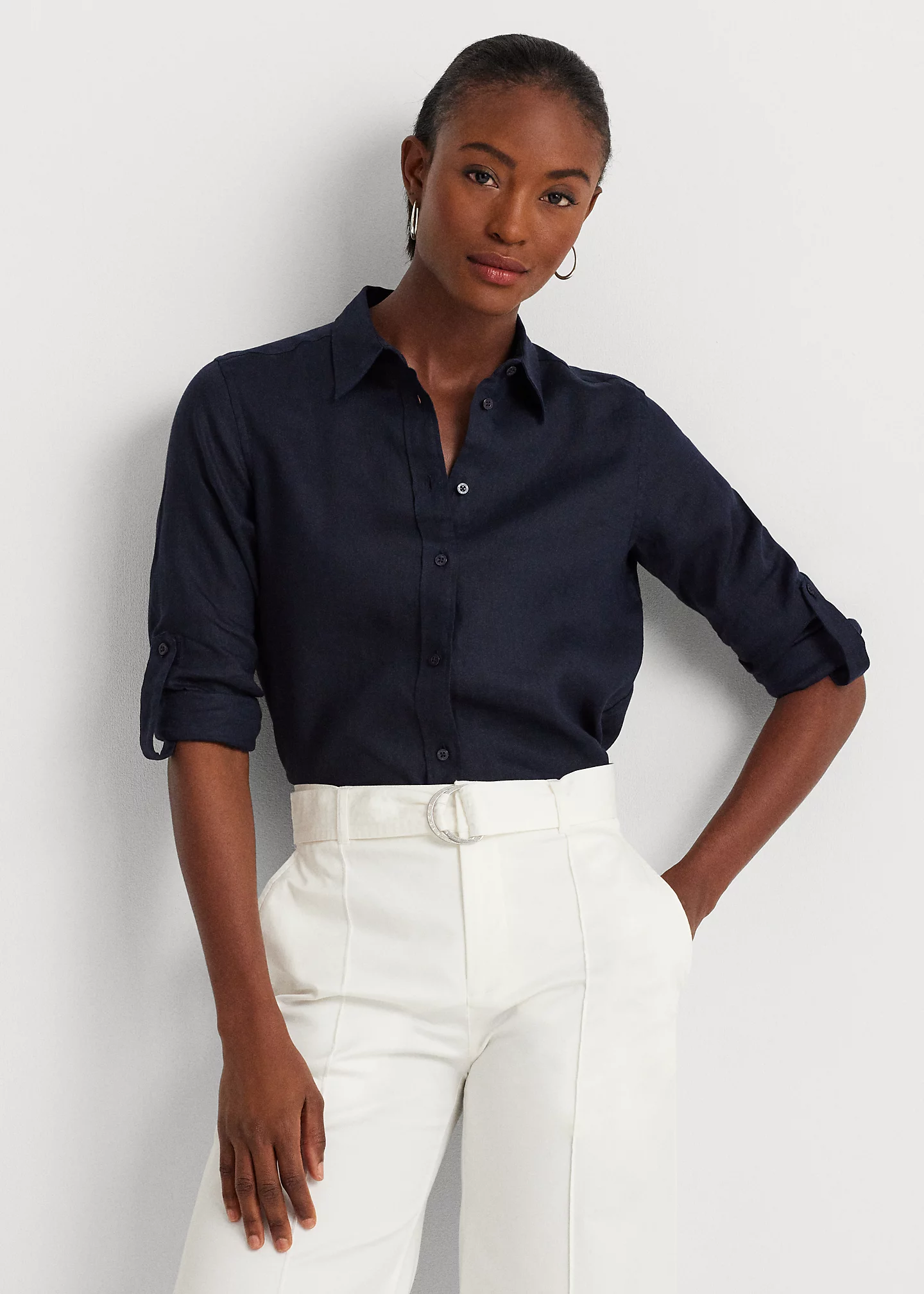 Relaxed Fit Linen Roll Tab–Sleeve Shirt