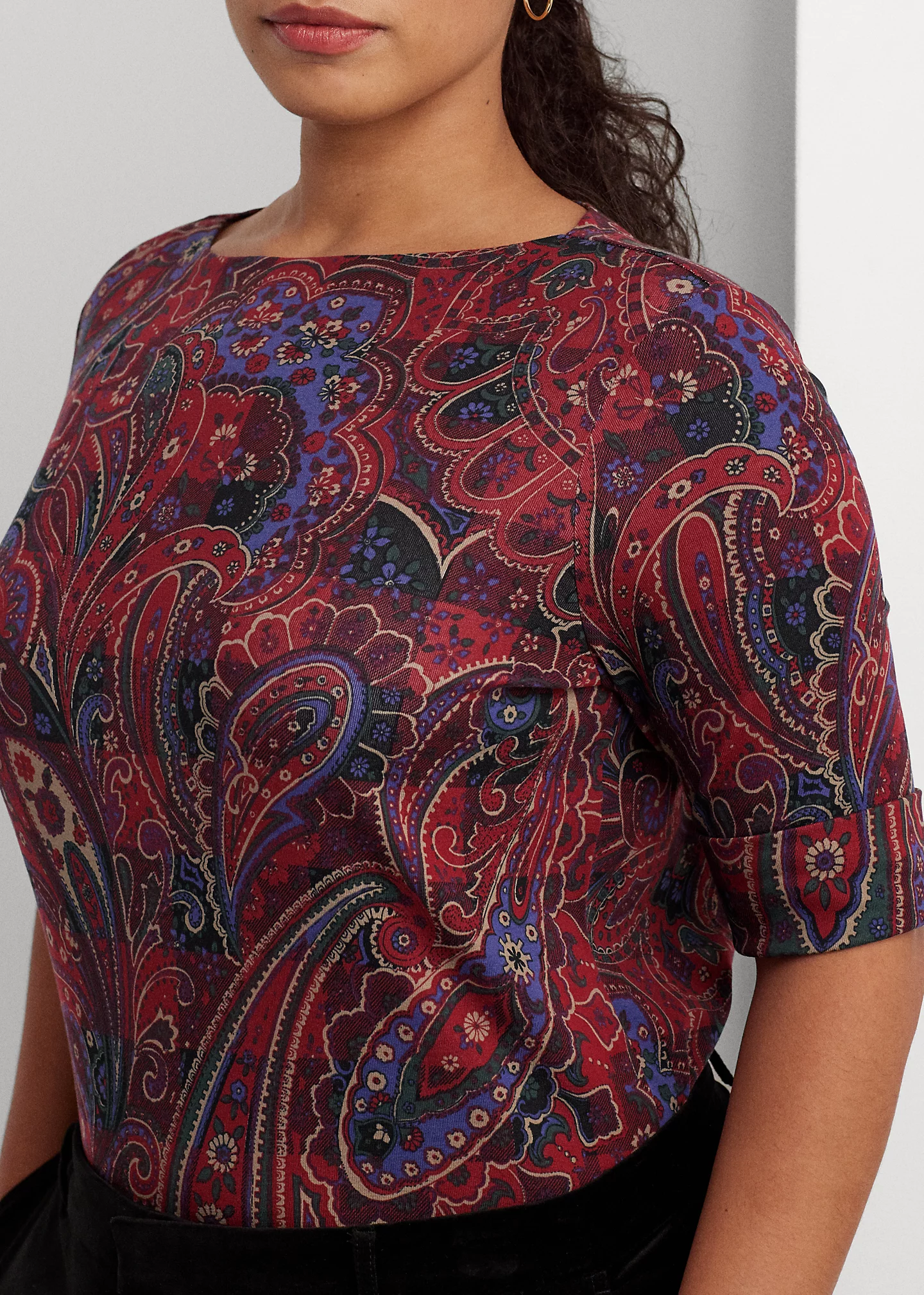 Checked Paisley Cotton Boatneck Tee