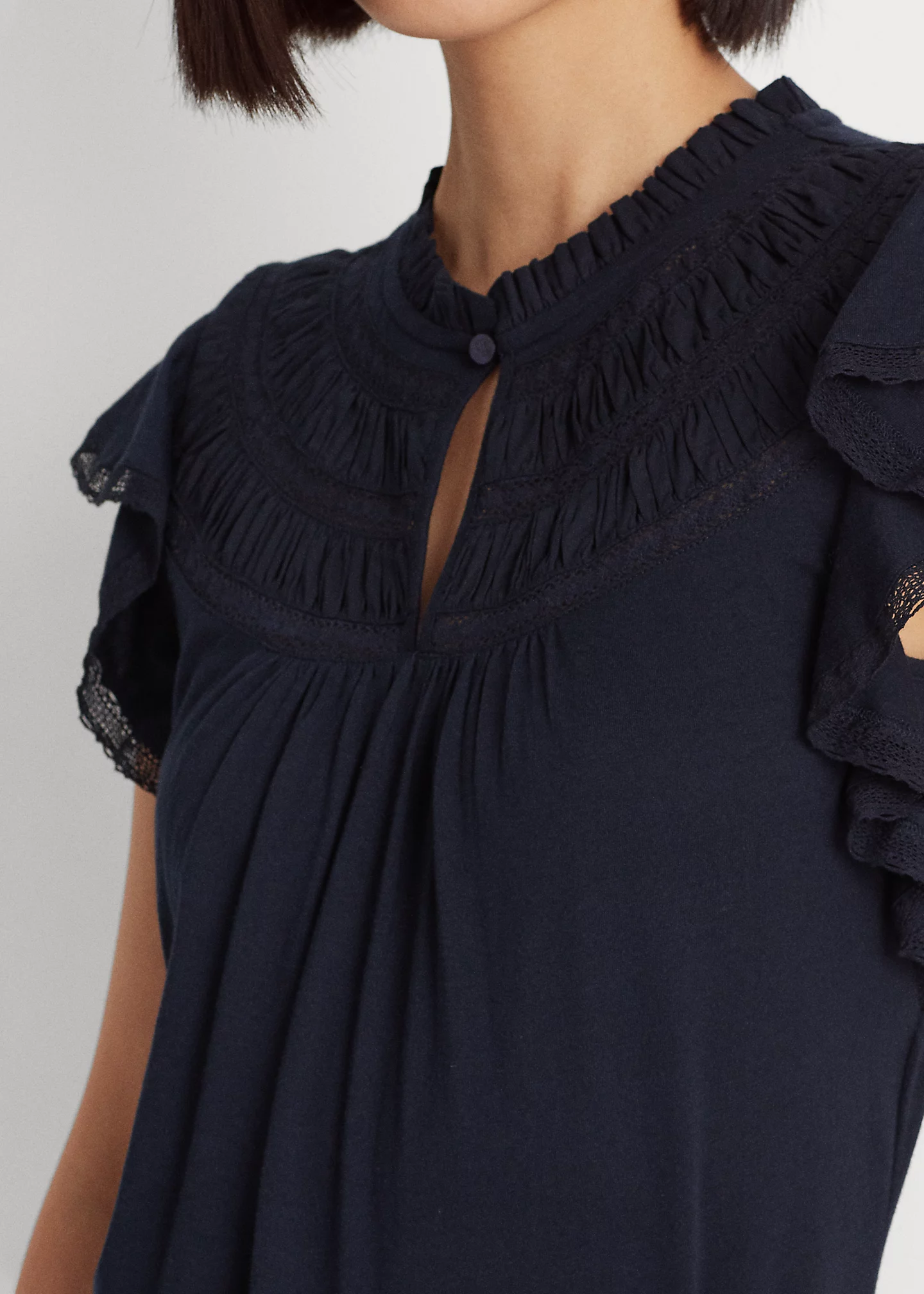 Lace-Trim Jersey Flutter-Sleeve Blouse