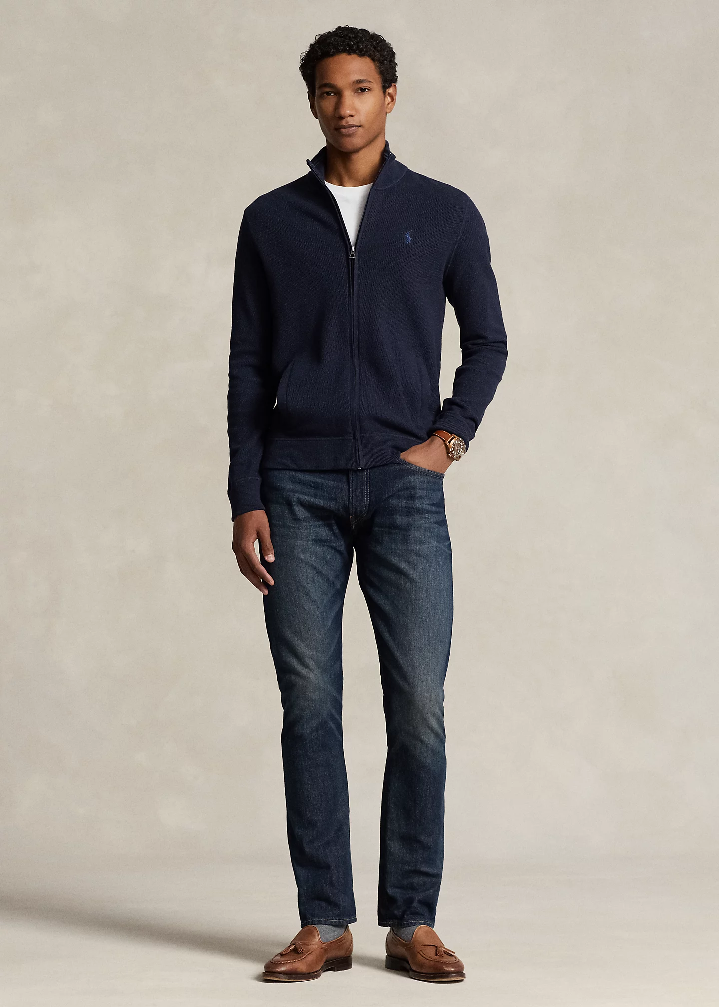 Mesh-Knit Cotton Full-Zip Sweater