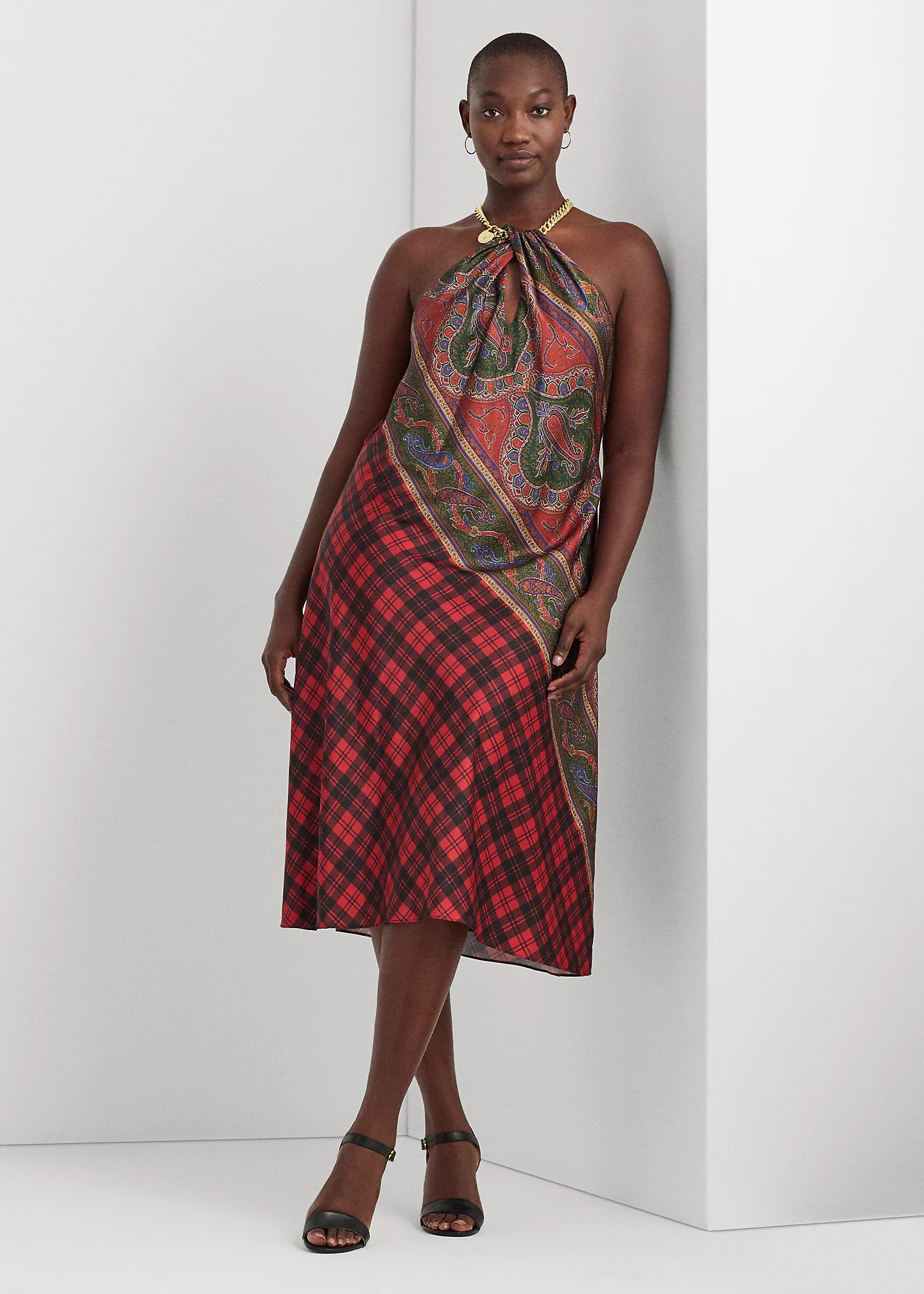 Plaid-Paisley Charmeuse Halter Dress