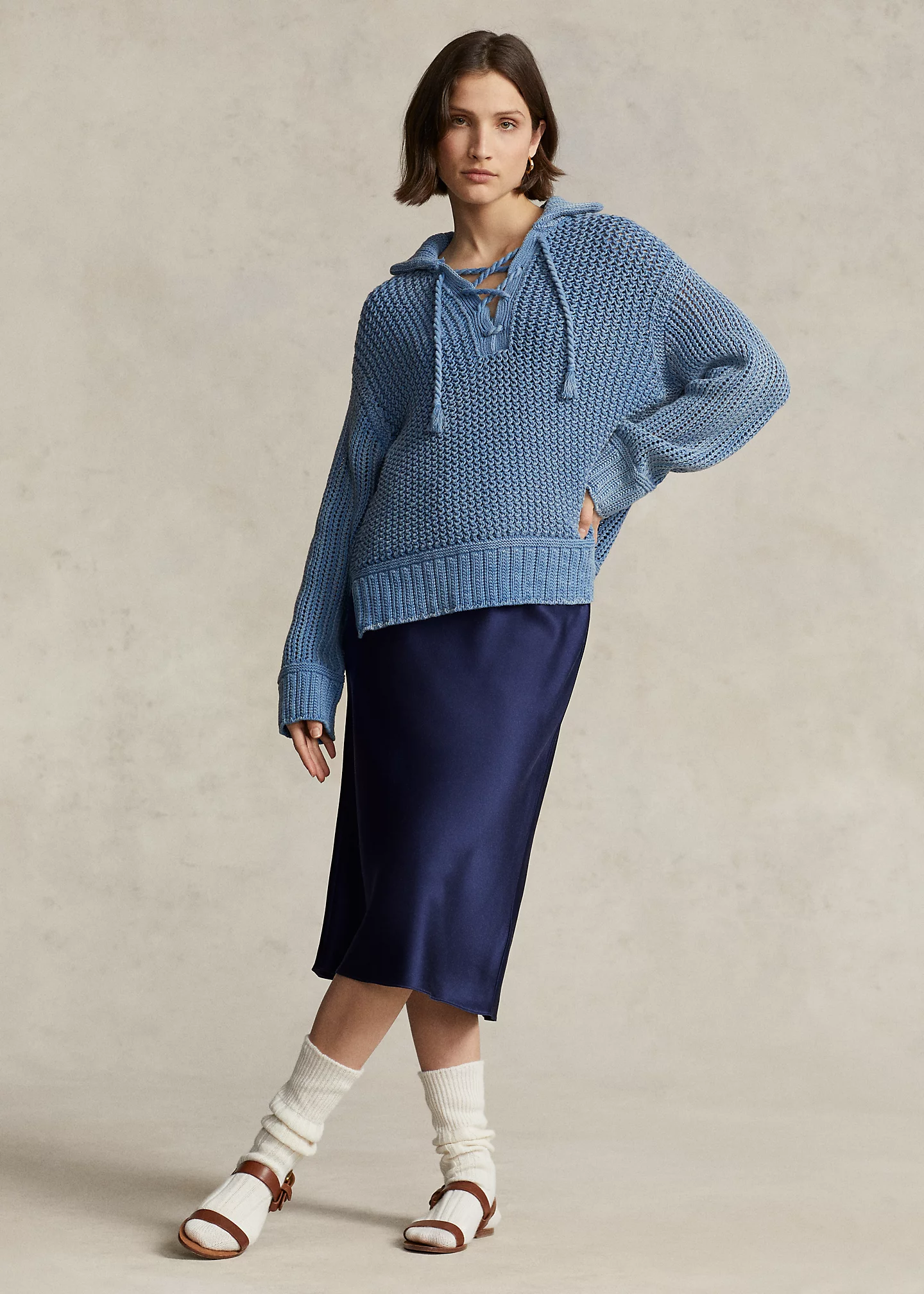 Openwork Lace-Up Cotton Sweater
