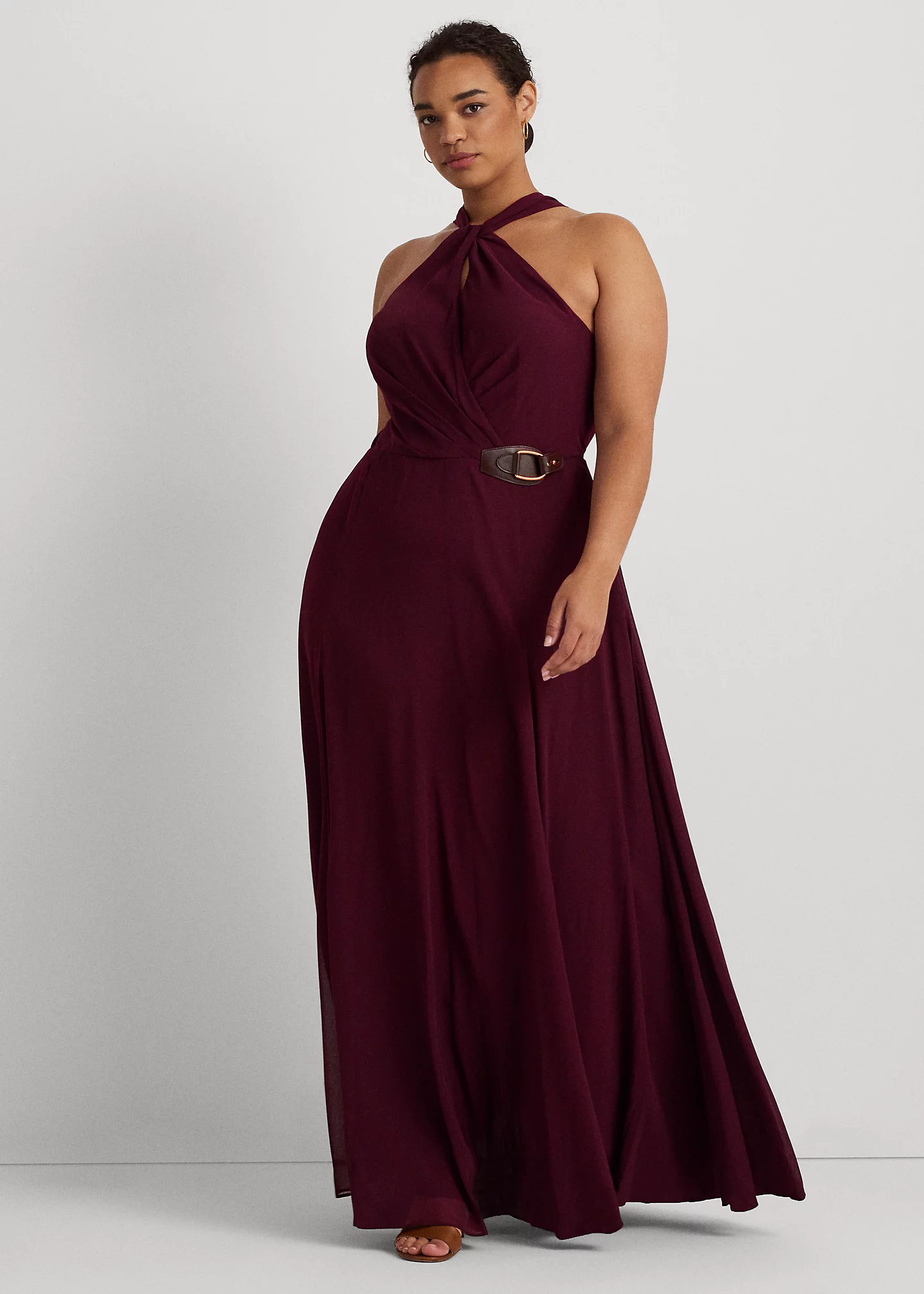 Buckle-Trim Georgette Halter Gown