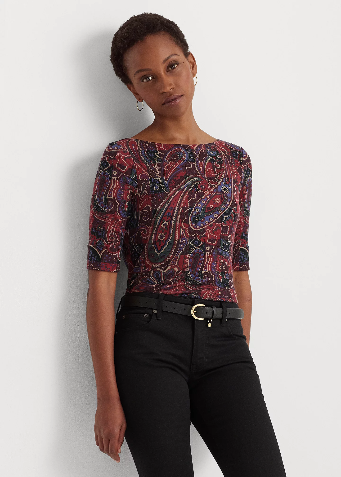 Checked Paisley Cotton Boatneck Tee