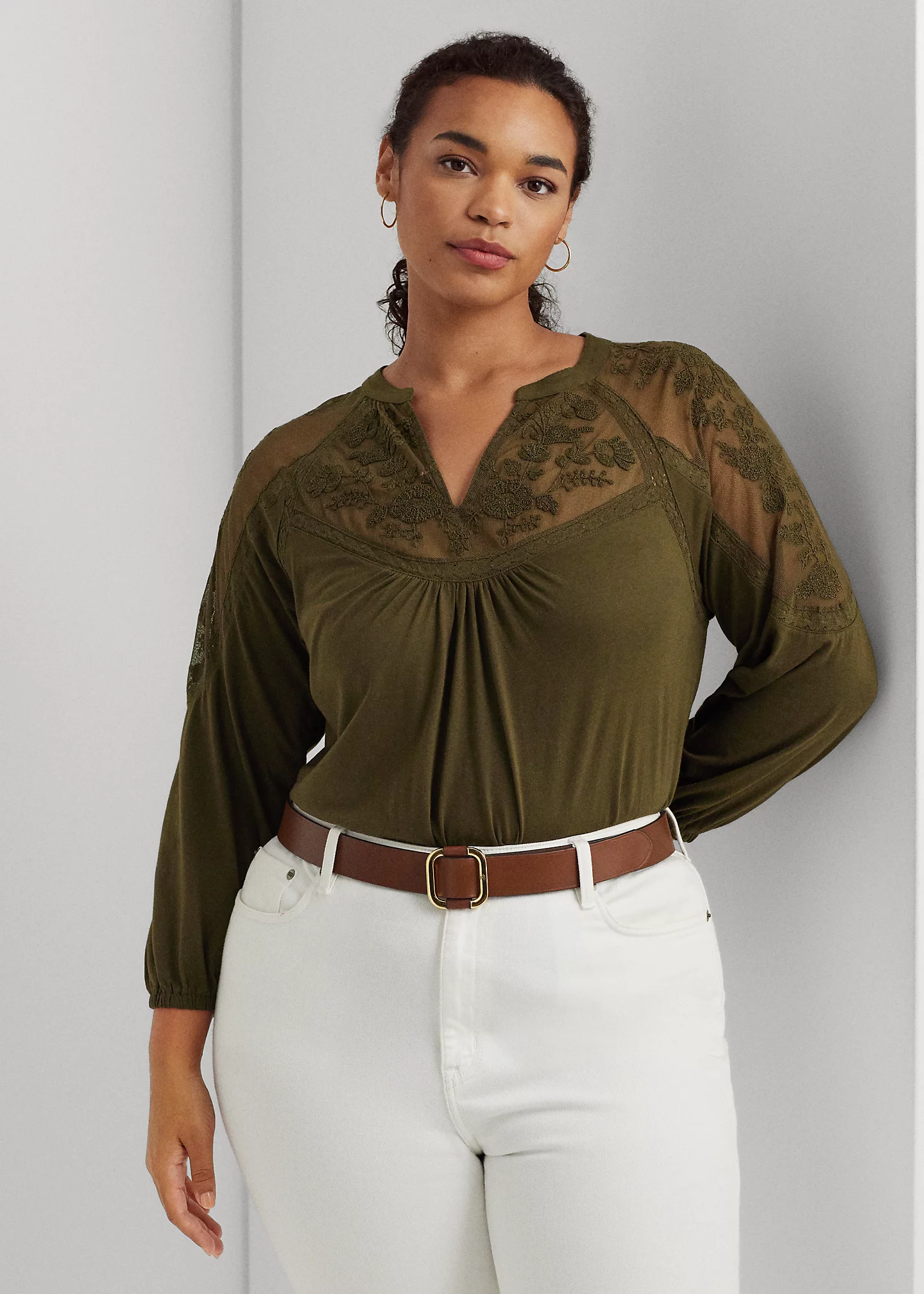 Embroidered Jersey Blouson-Sleeve Top