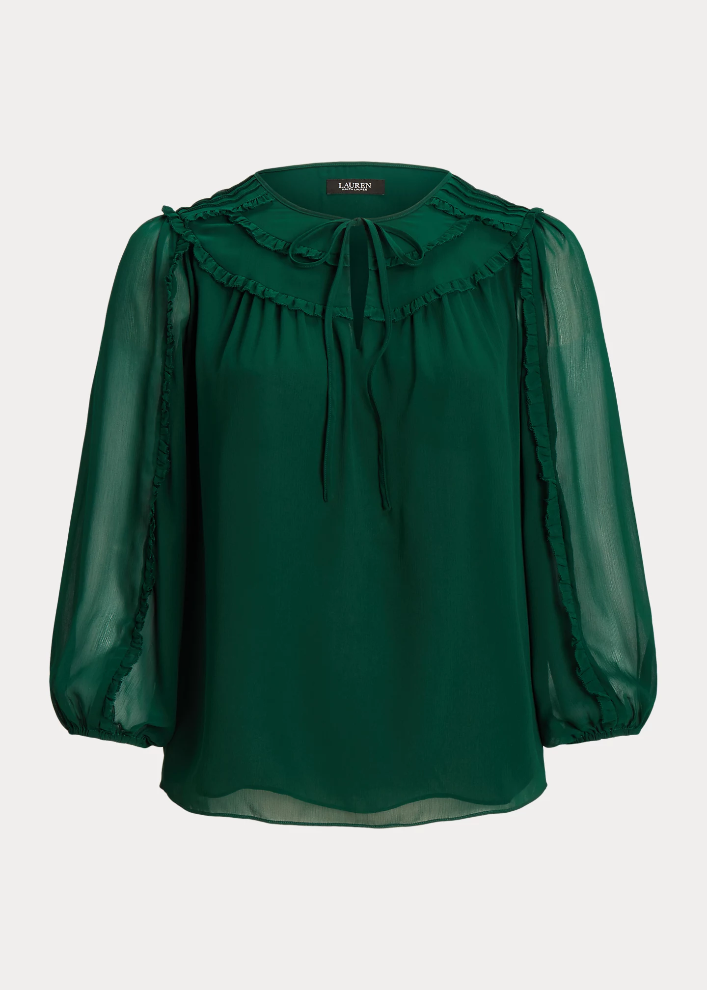 Ruffle-Trim Georgette Tie-Neck Blouse