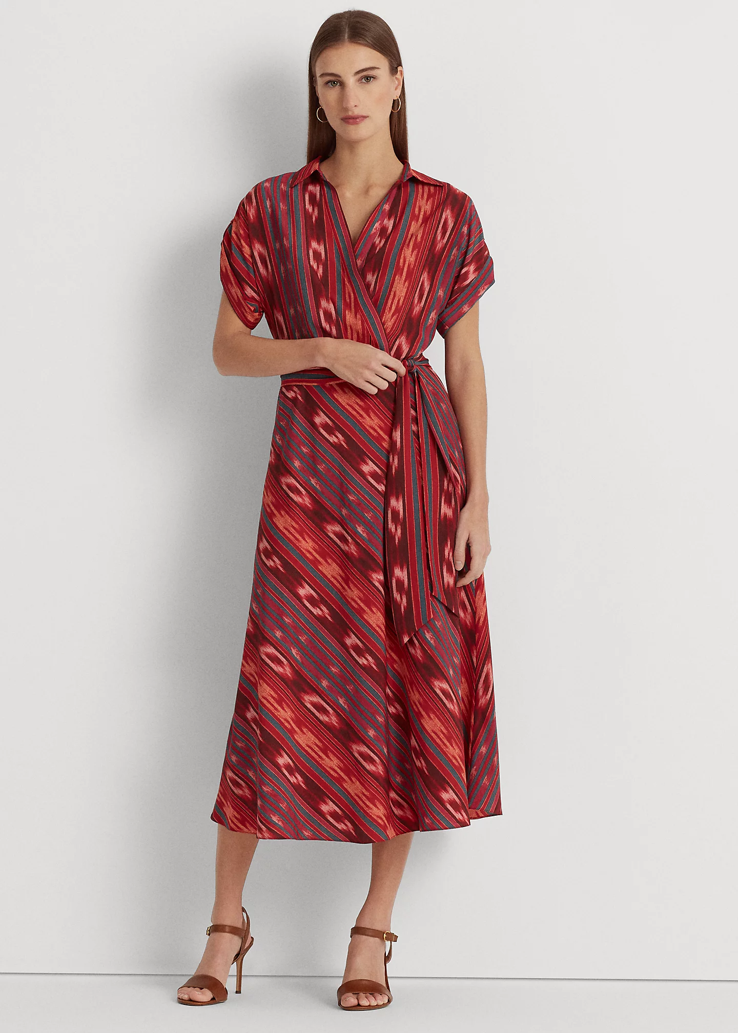 Geo-Stripe Belted Crepe Dress