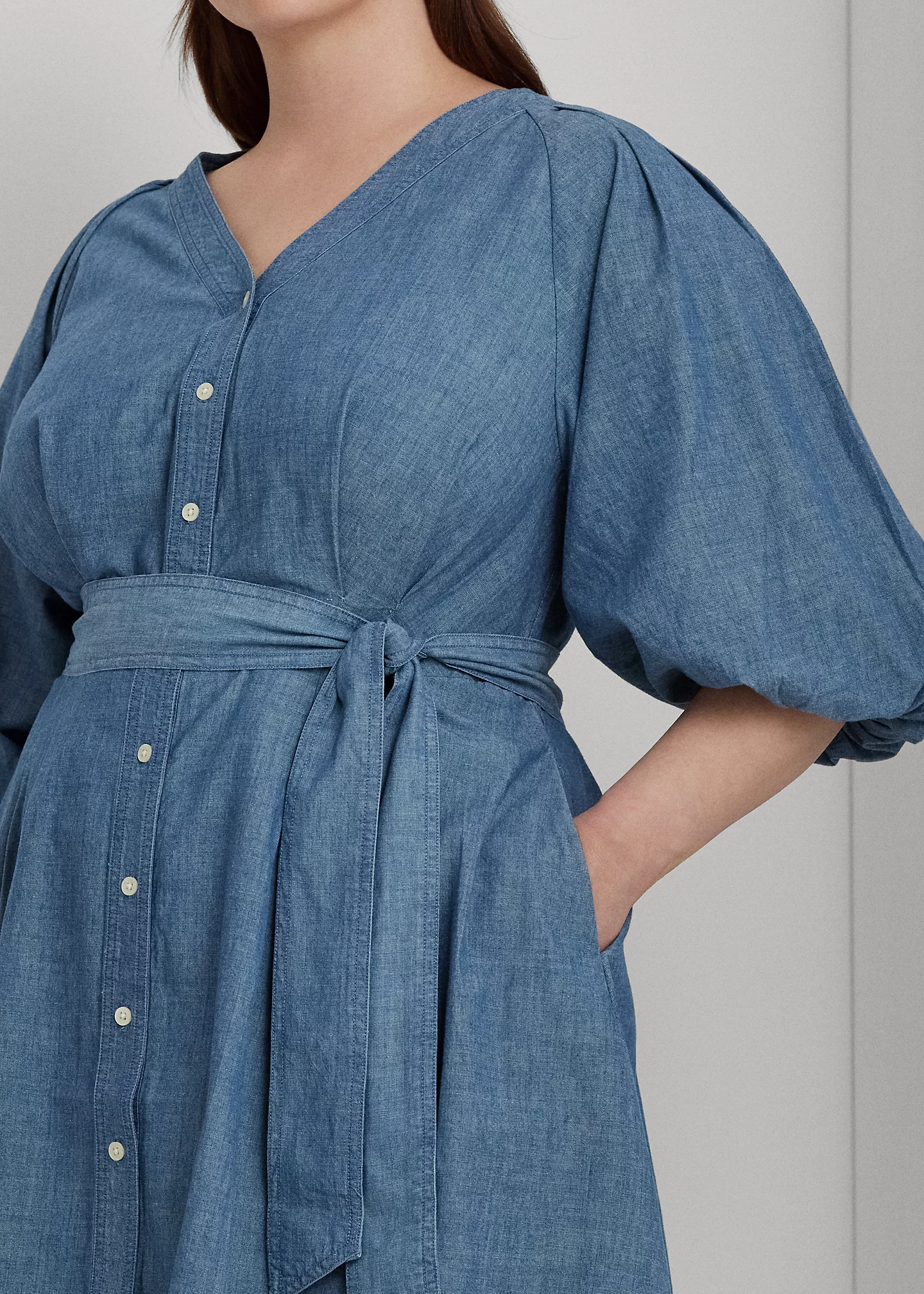 Belted Denim Bubble-Sleeve Shirtdress