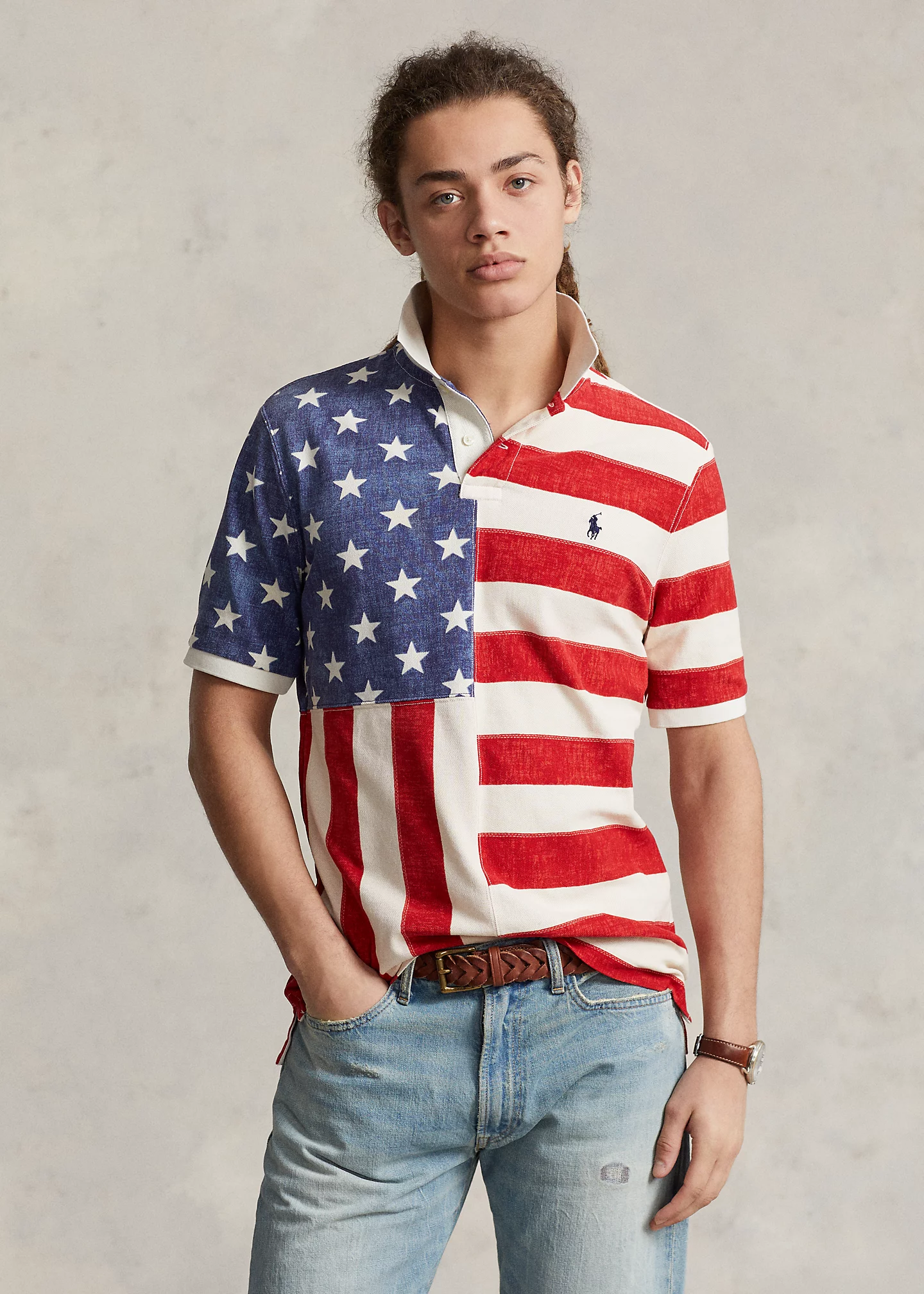 Classic Fit Flag-Print Mesh Polo Shirt