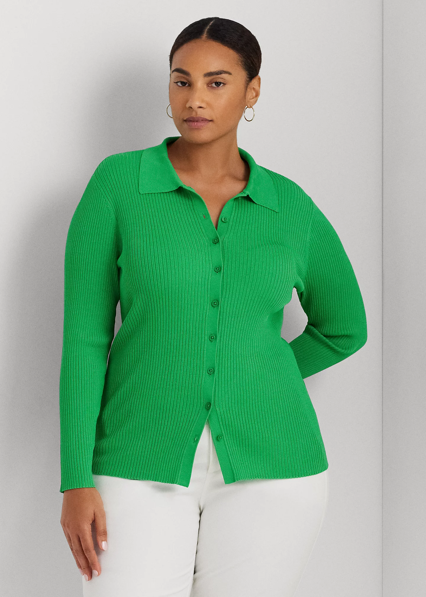 Rib-Knit Long-Sleeve Polo Cardigan