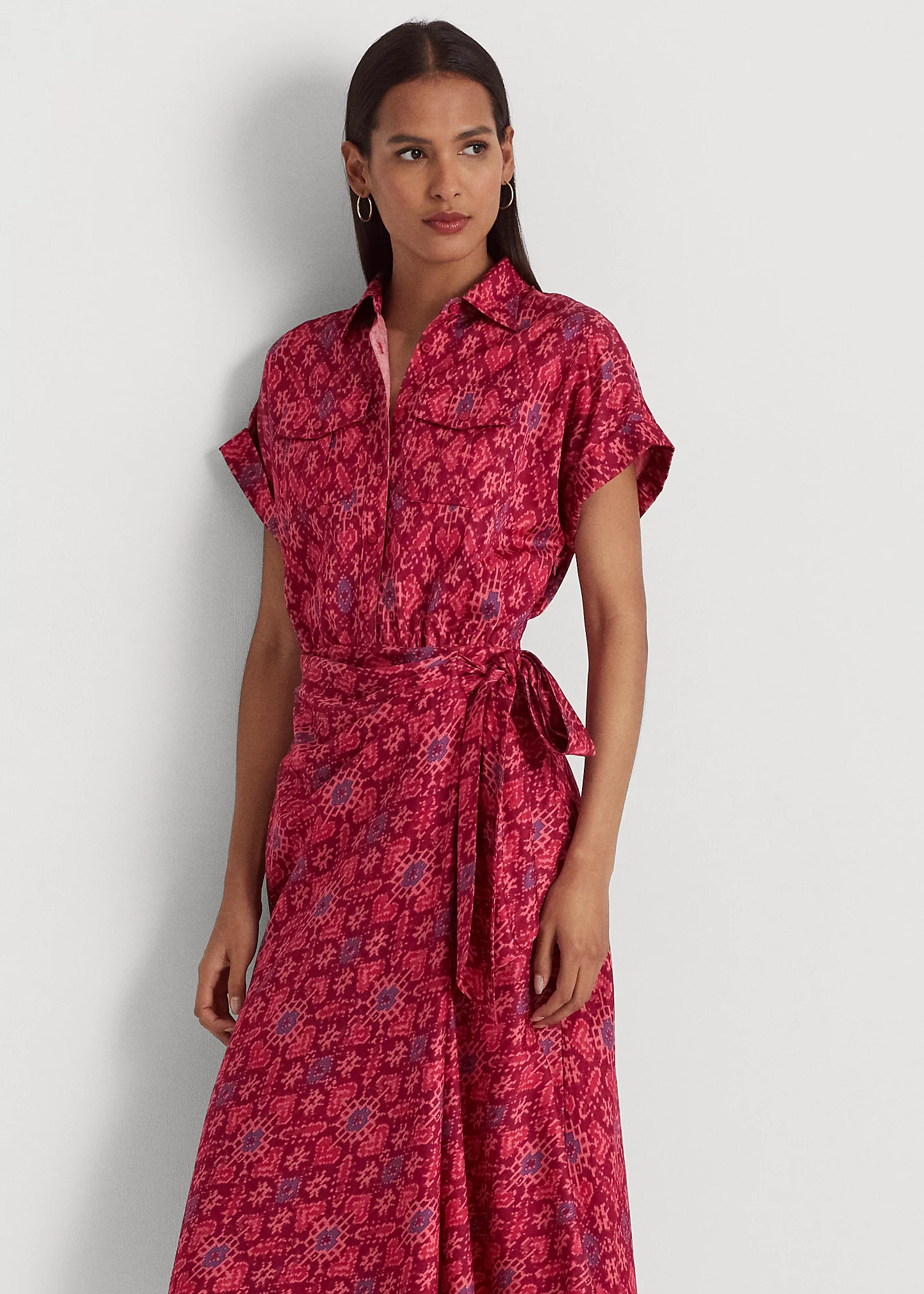 Geo-Print Shantung Tie-Waist Dress
