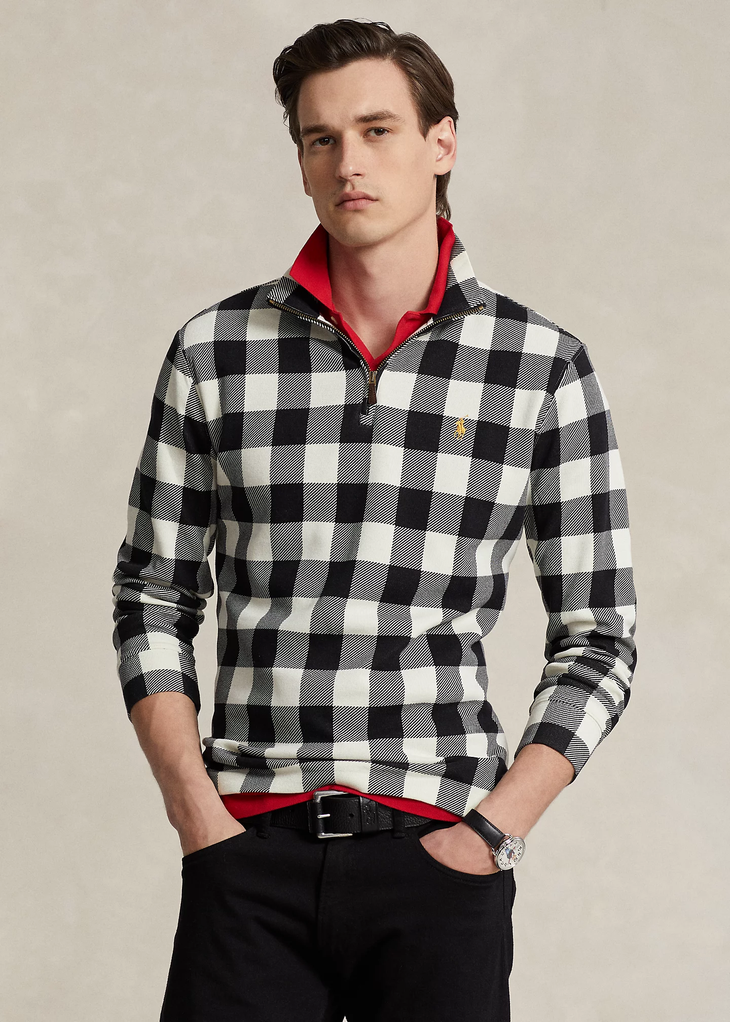 Checked Double-Knit Quarter-Zip Pullover