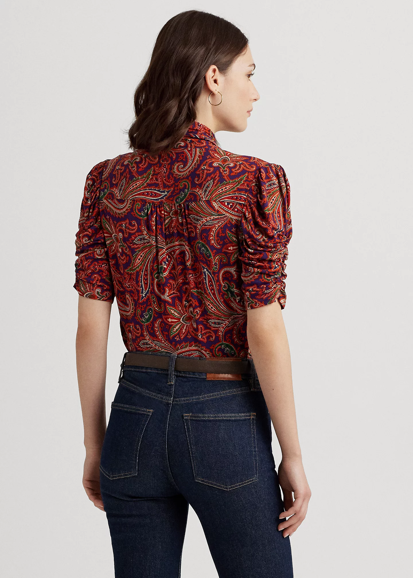 Paisley Jersey Puff-Sleeve Tie-Neck Top