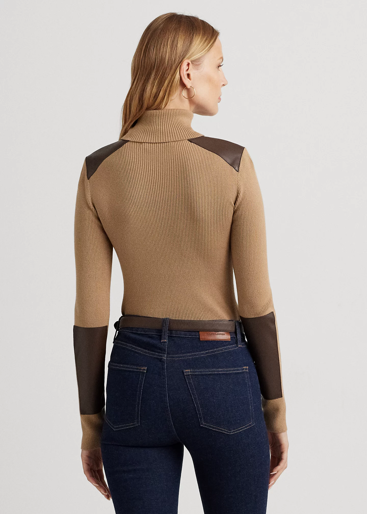 Faux-Leather-Trim Ribbed Turtleneck