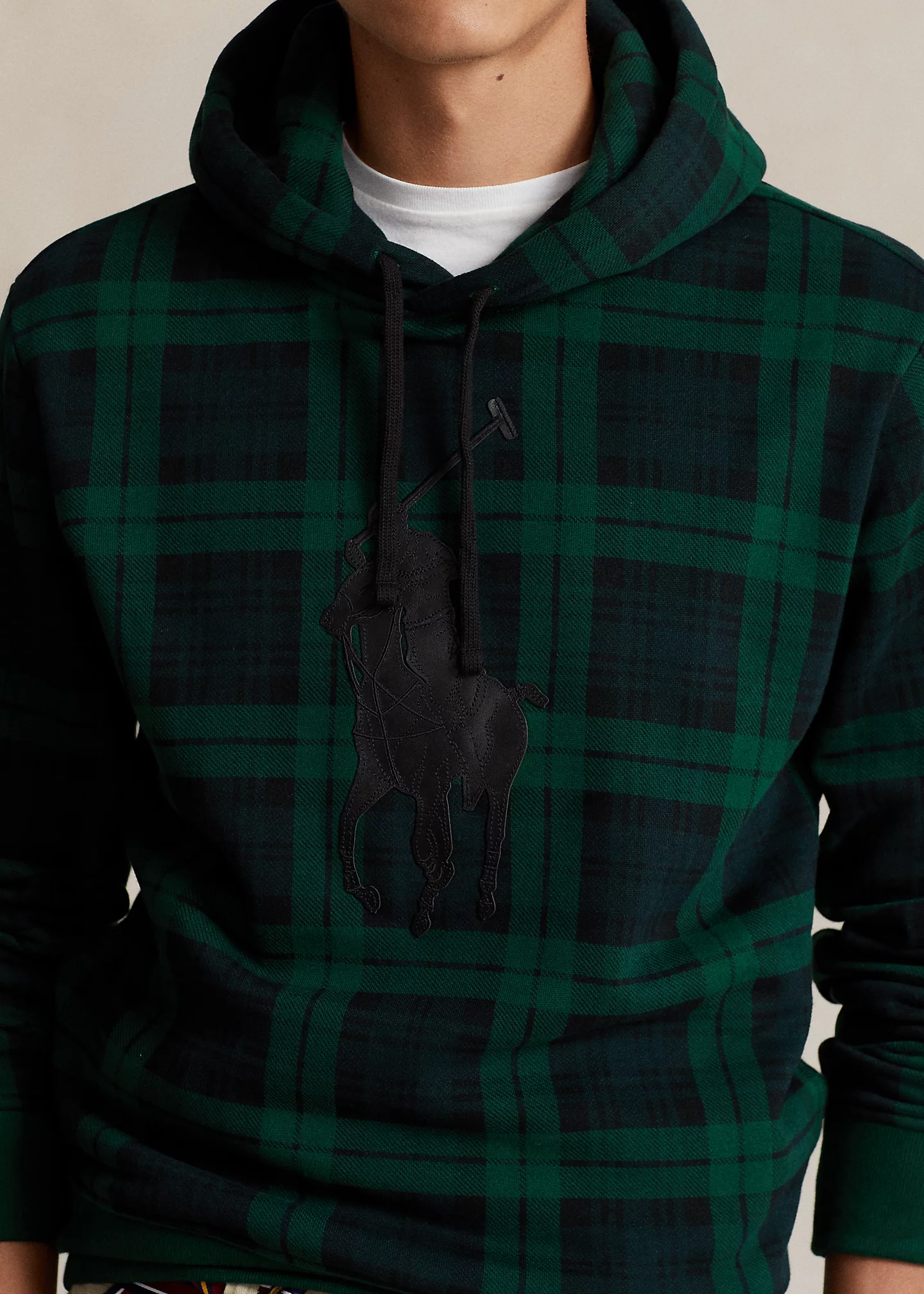 Leather-Pony Plaid Fleece Hoodie