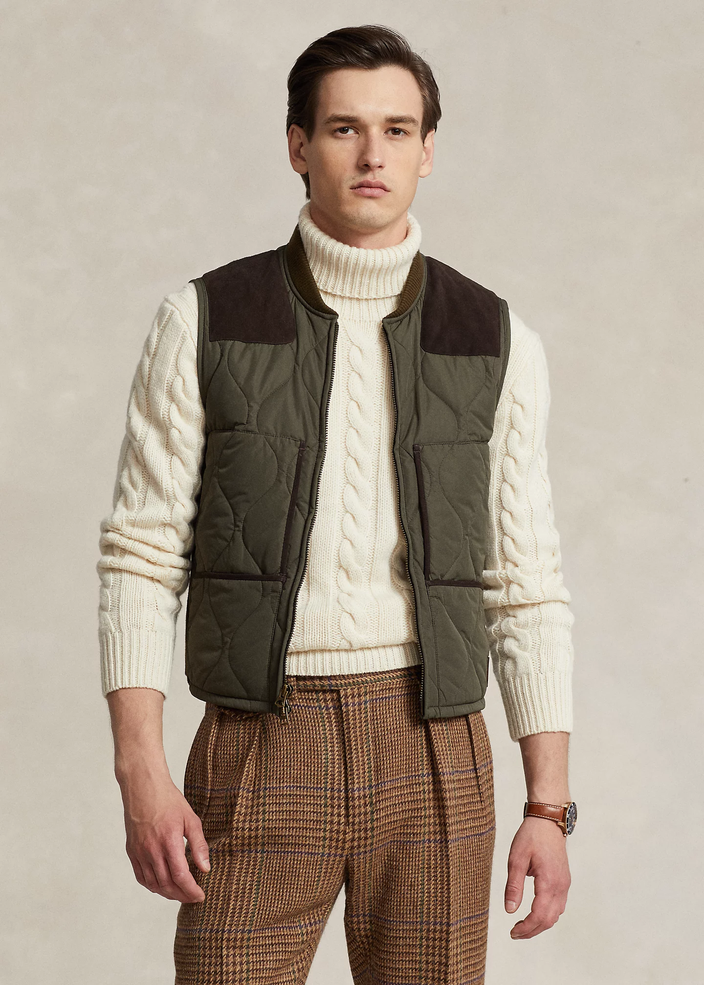 Suede-Trim Quilted Vest