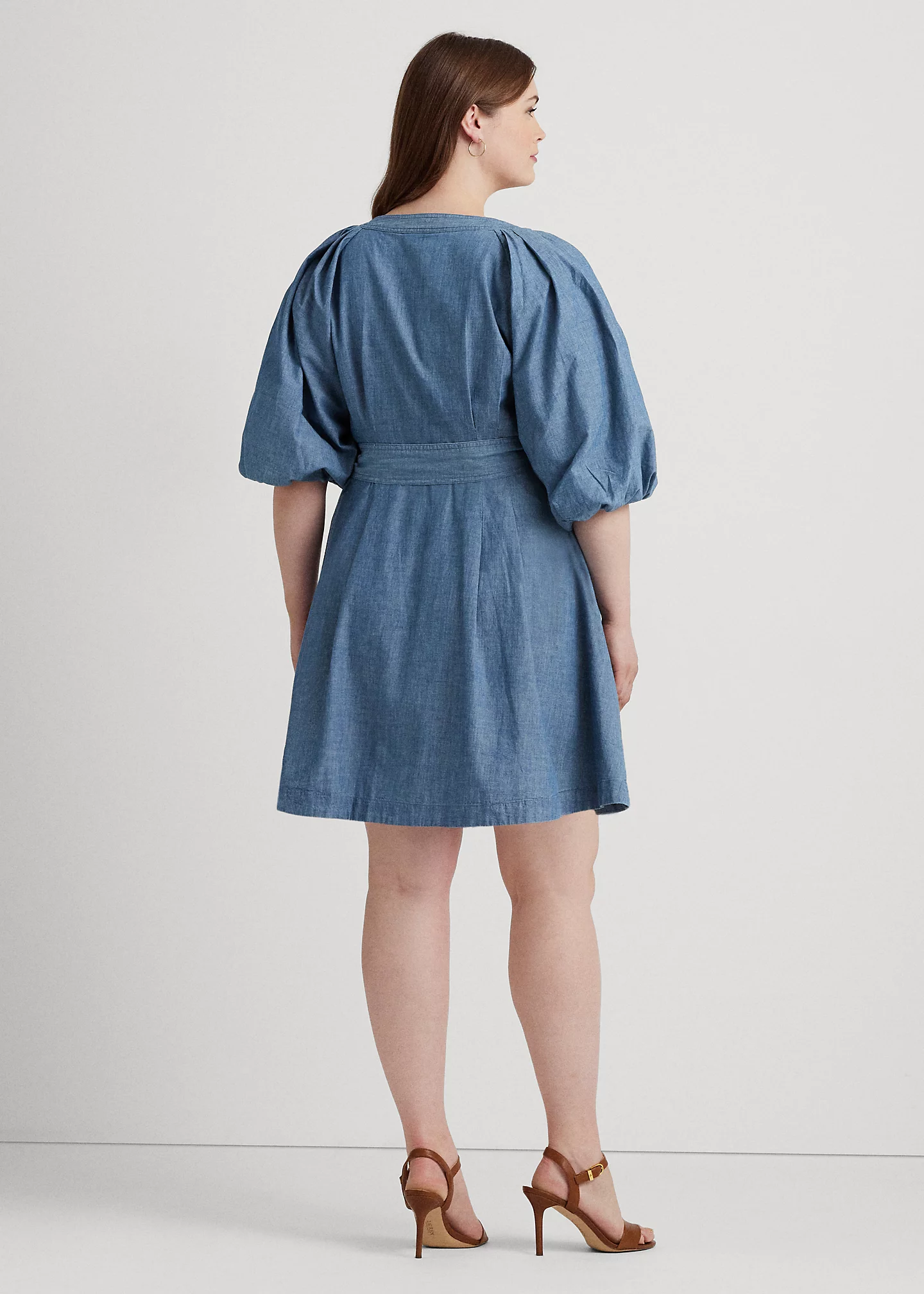 Belted Denim Bubble-Sleeve Shirtdress