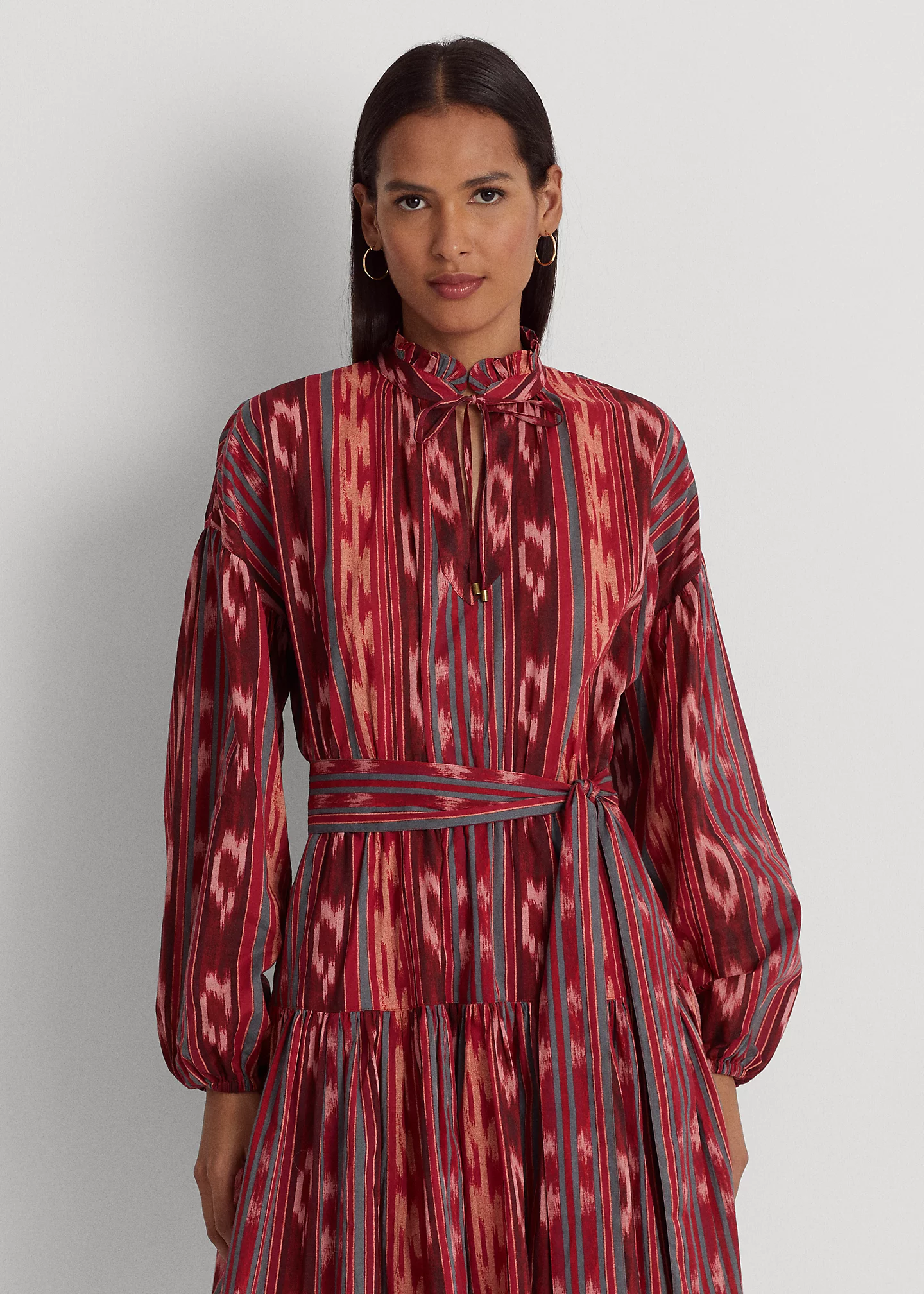 Geo-Stripe Belted Cotton Voile Dress