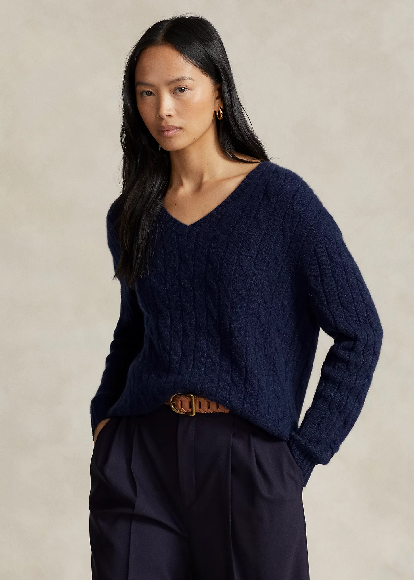 Cable-Knit Cashmere V-Neck Sweater