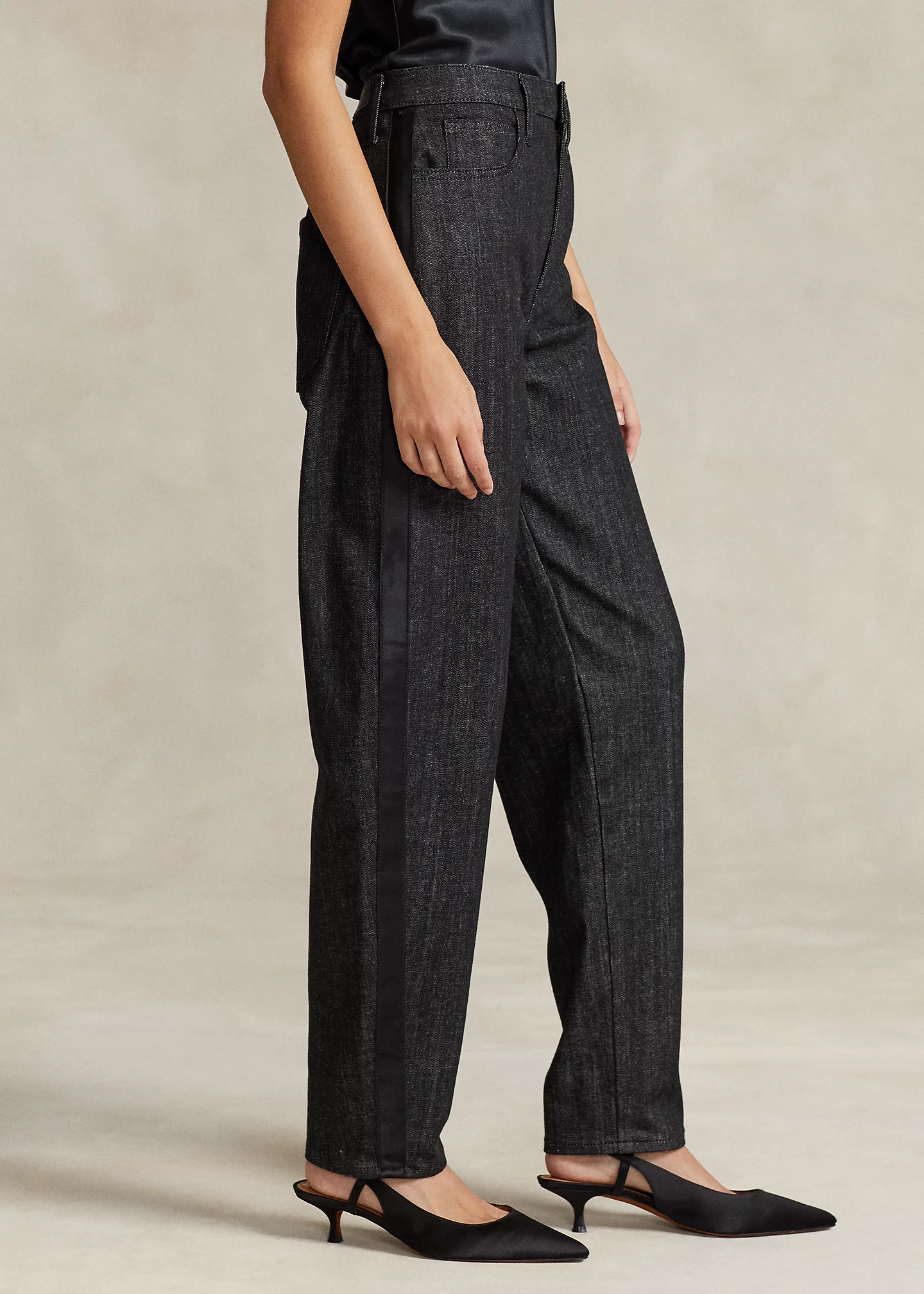 Satin-Stripe Curved Tapered Jean