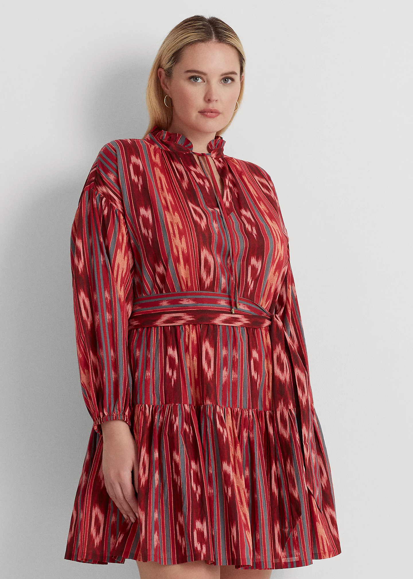 Geo-Stripe Belted Cotton Voile Dress