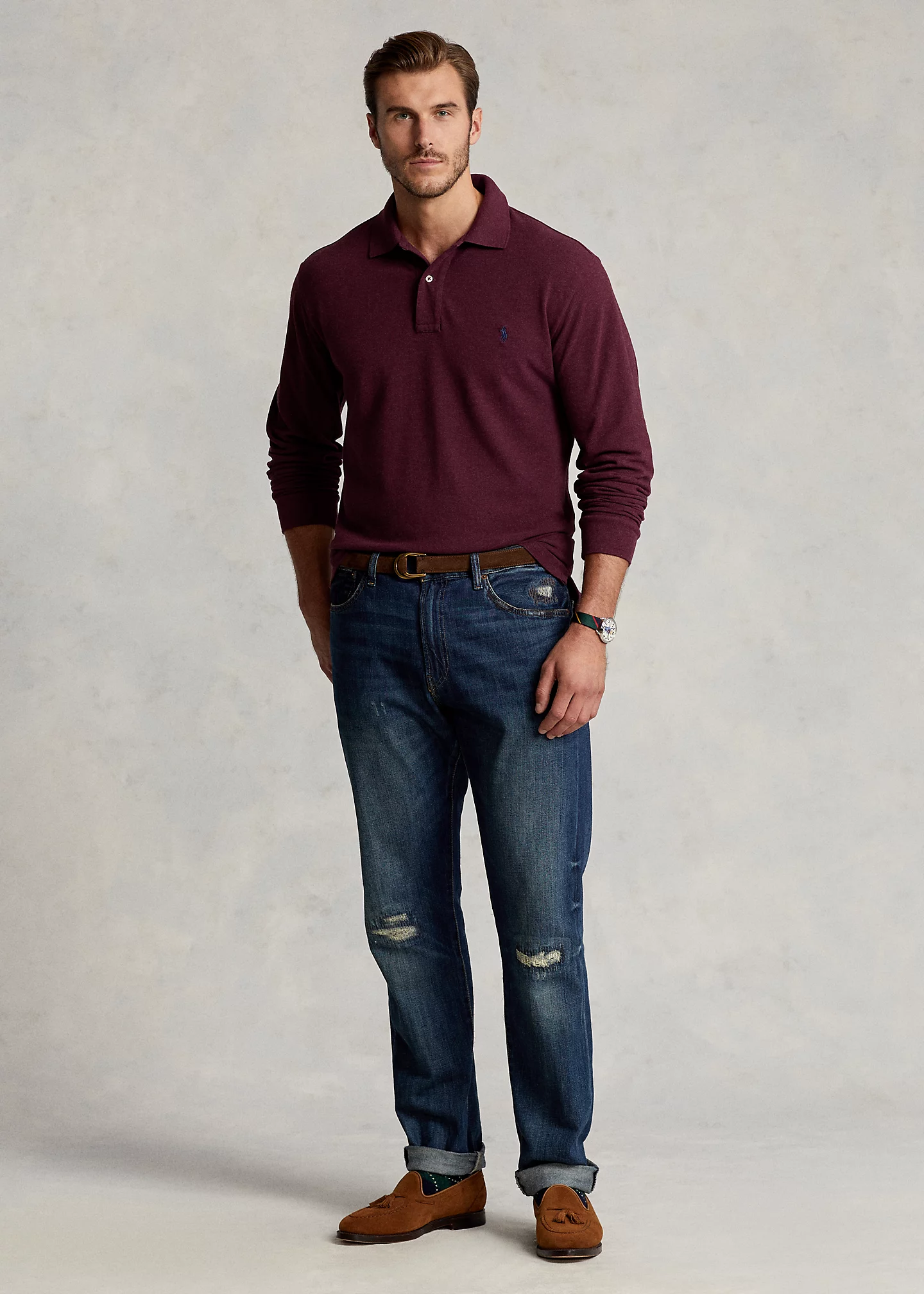 Mesh Long-Sleeve Polo Shirt