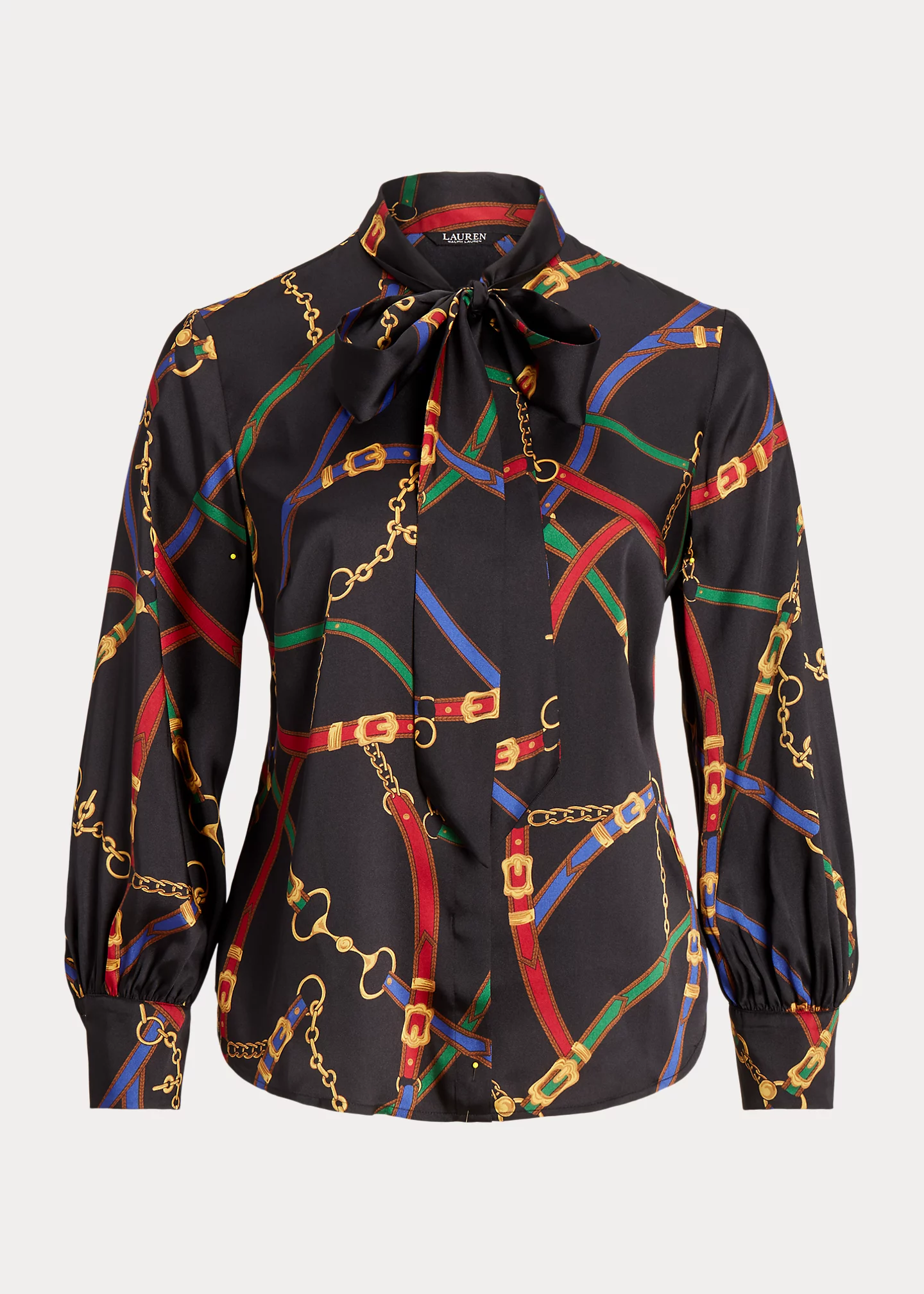 Belting-Print Twill Tie-Neck Blouse