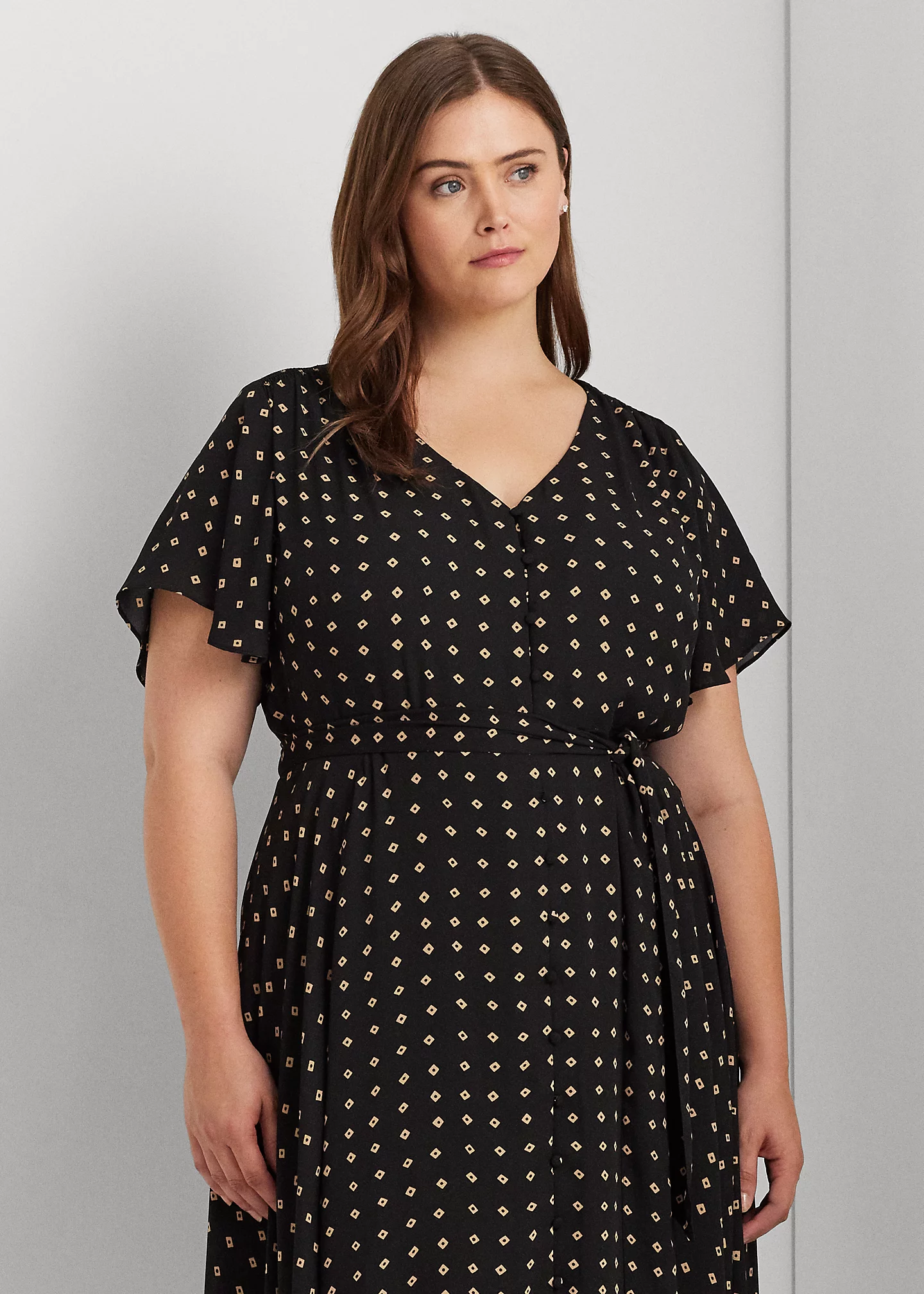 Geo-Print Crepe Flutter-Sleeve Dress