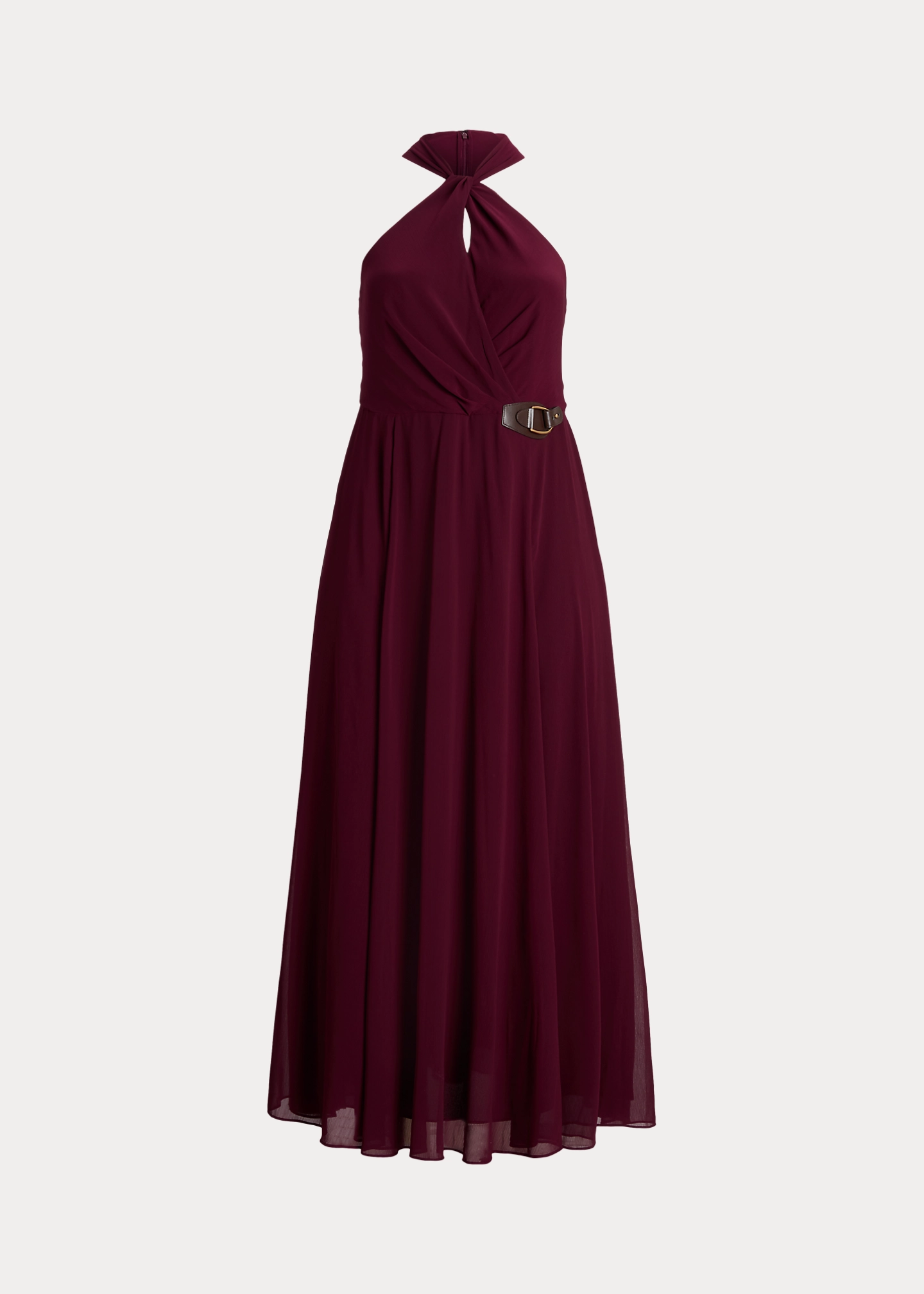 Buckle-Trim Georgette Halter Gown