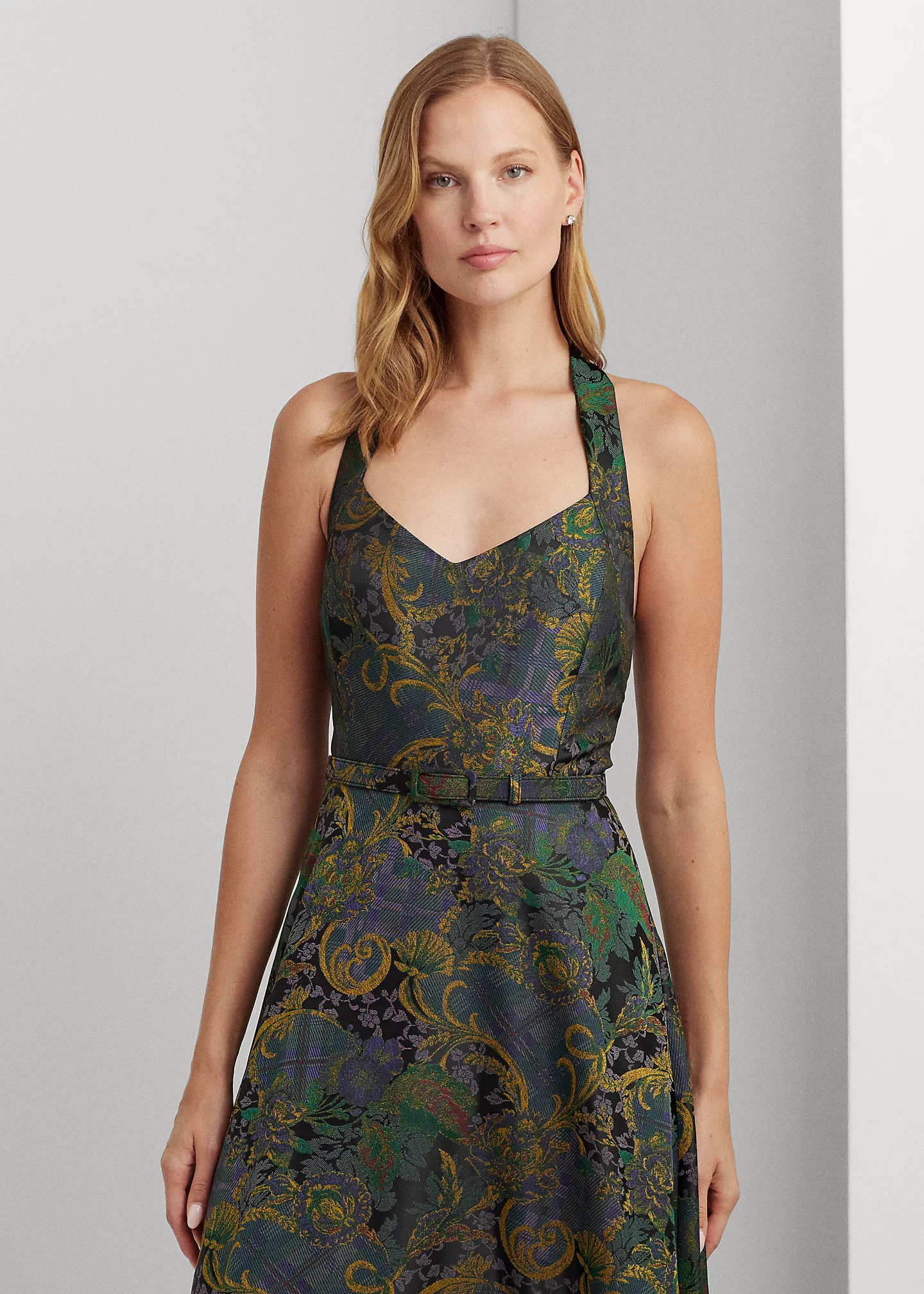 Mixed-Motif Belted Jacquard Halter Gown
