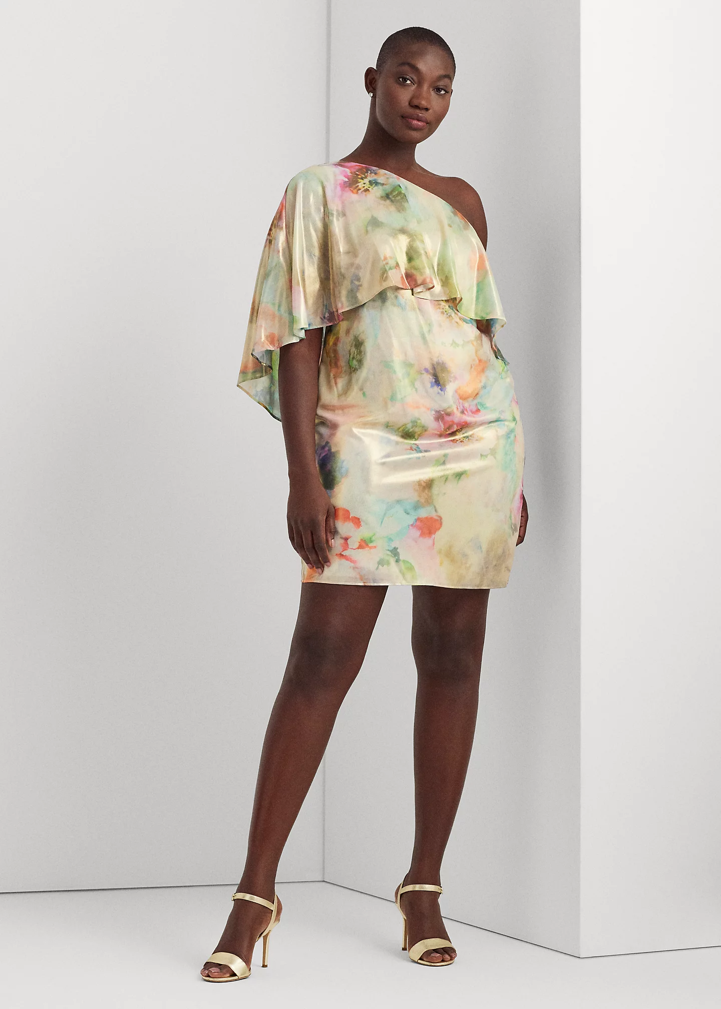 Floral One-Shoulder Cape Cocktail Dress