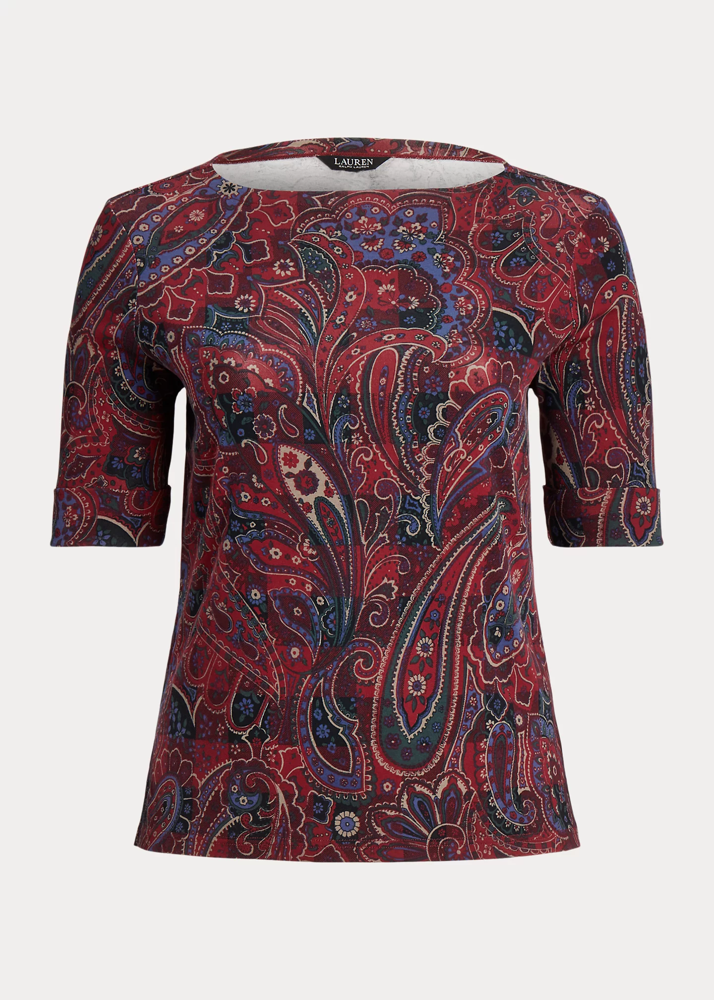 Checked Paisley Cotton Boatneck Tee