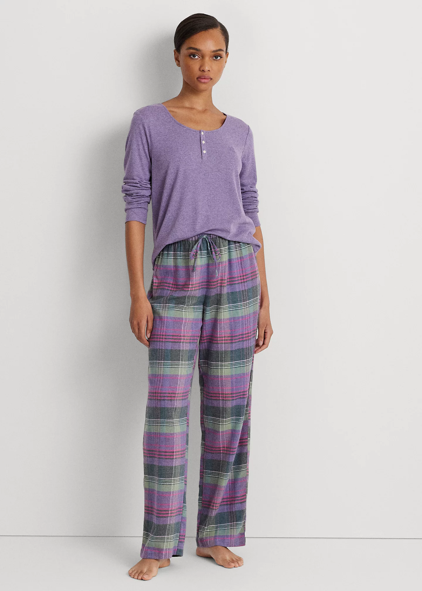 Plaid Cotton-Blend Henley Pajama Set