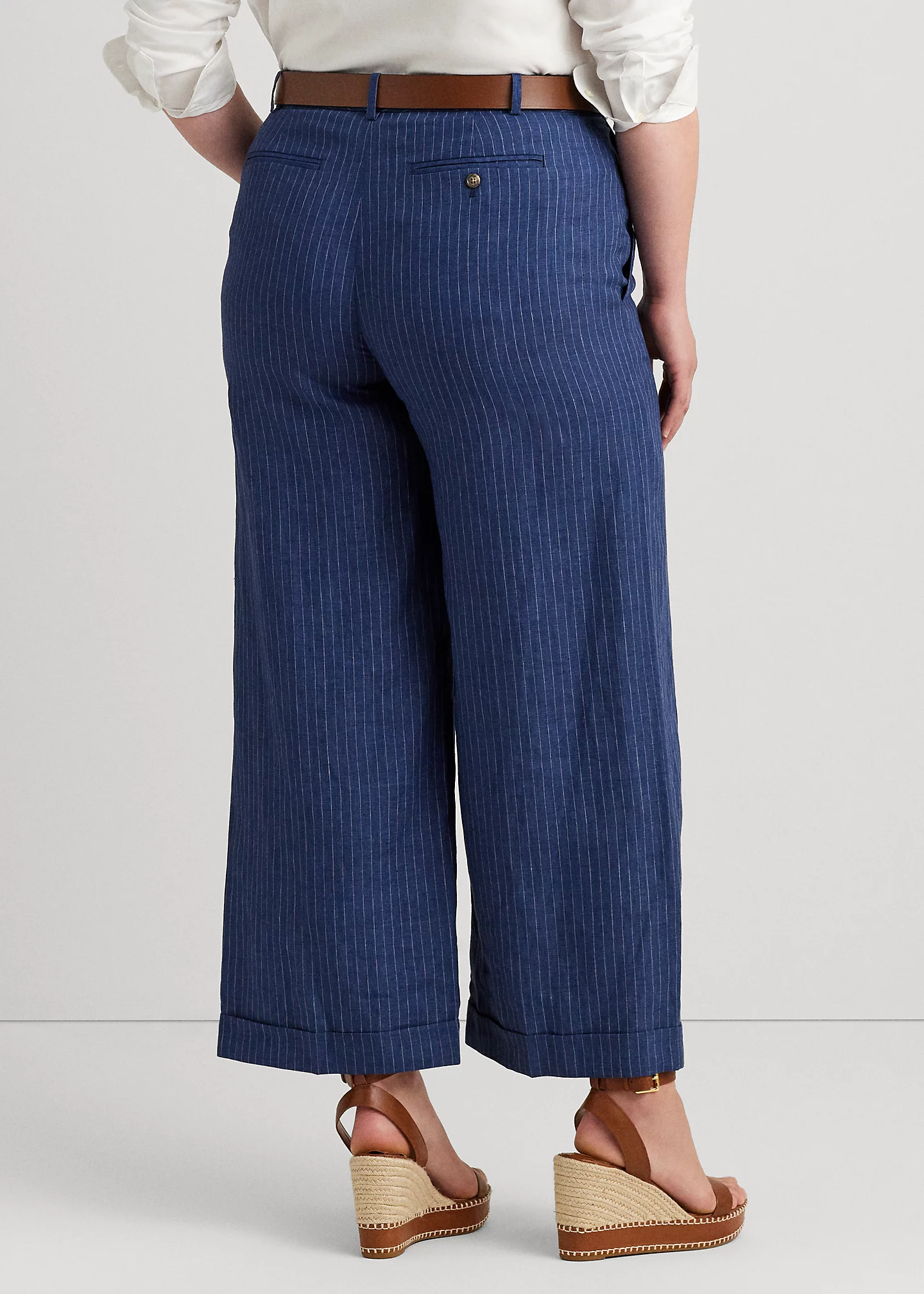 Pinstripe Linen Wide-Leg Cropped Pant