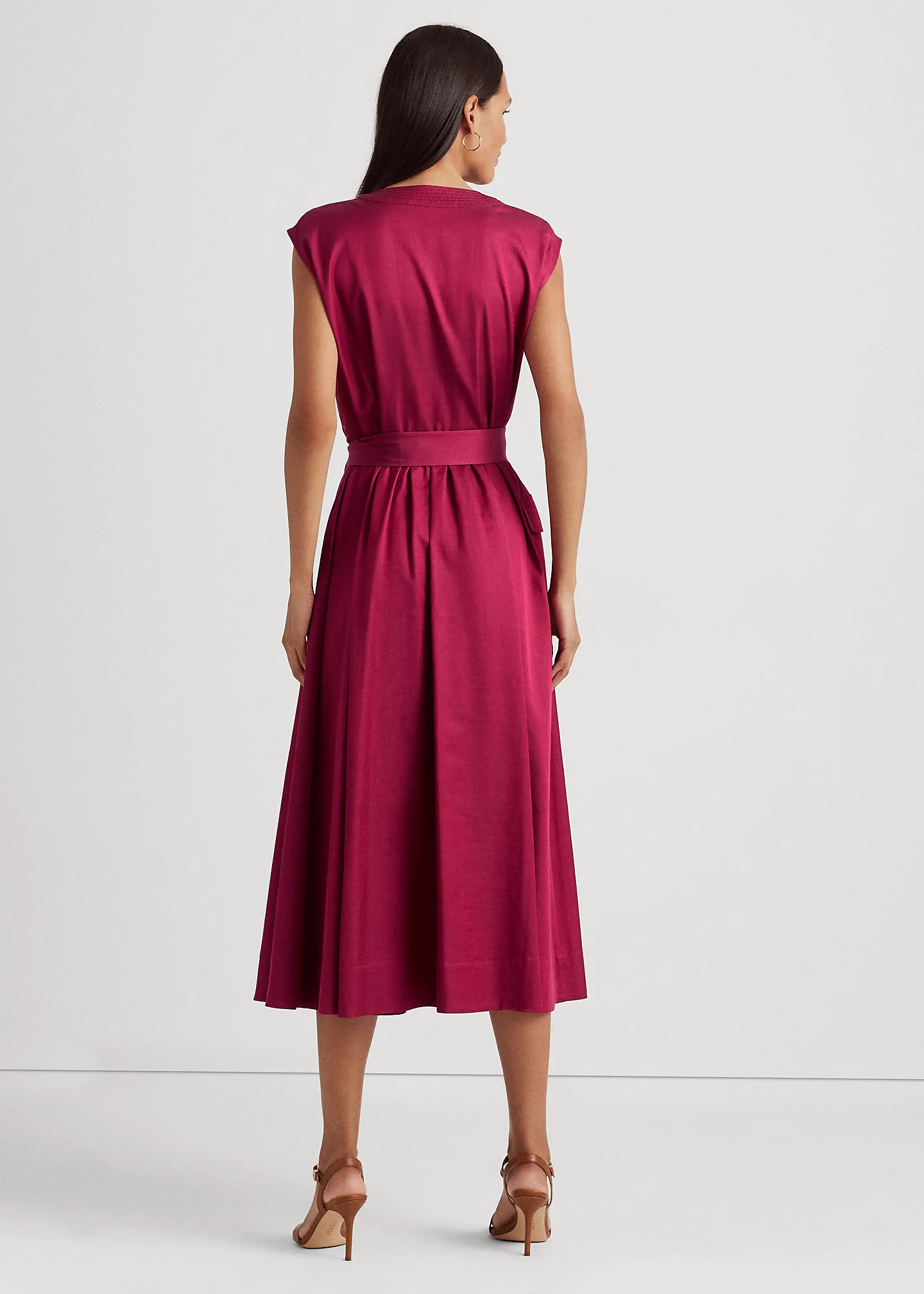 Belted Shantung Cap-Sleeve Dress