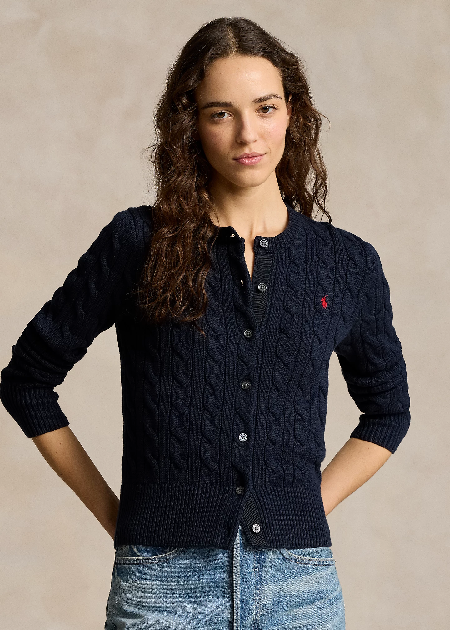 Cable-Knit Cotton Crewneck Cardigan