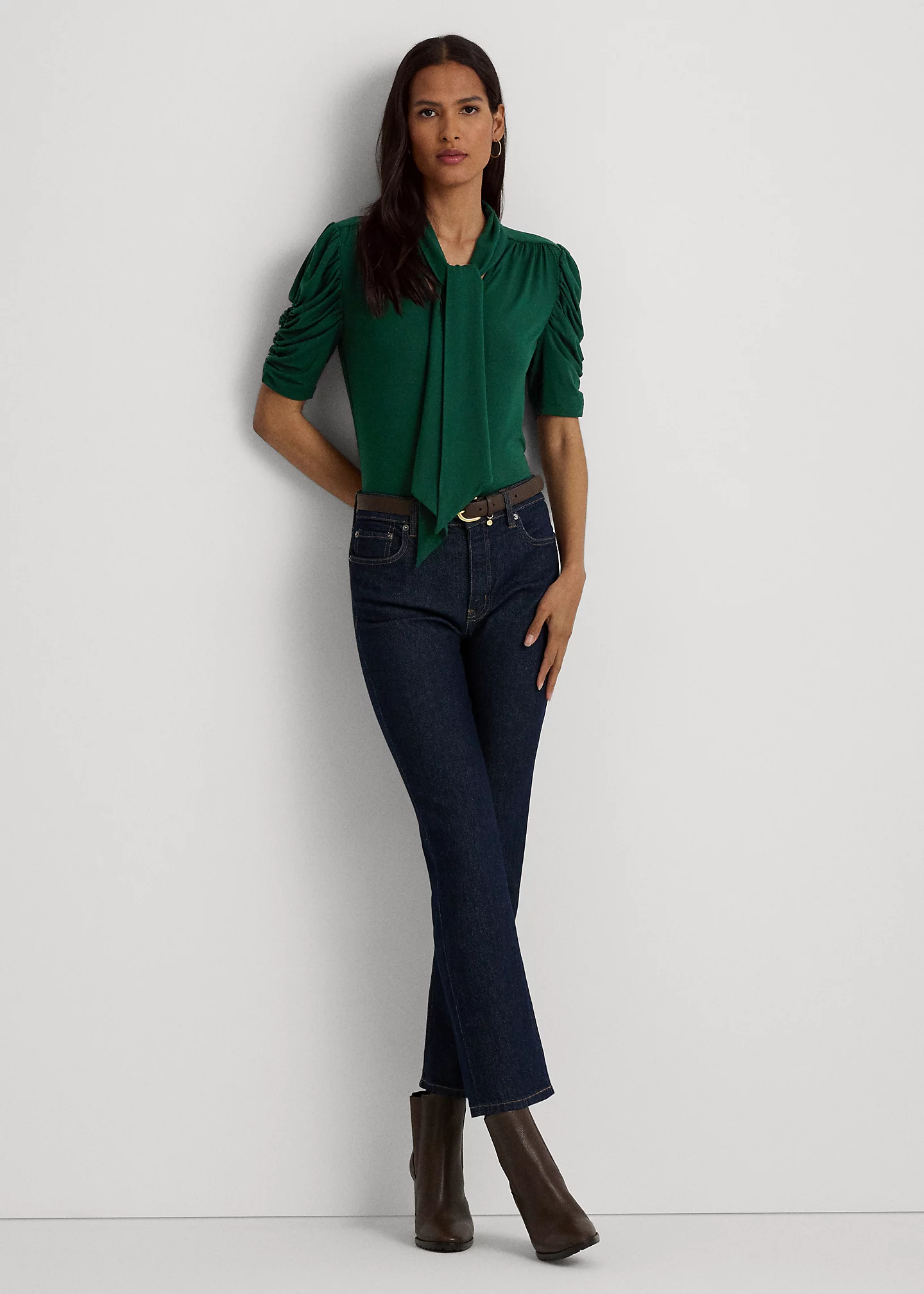 Jersey Puff-Sleeve Tie-Neck Top