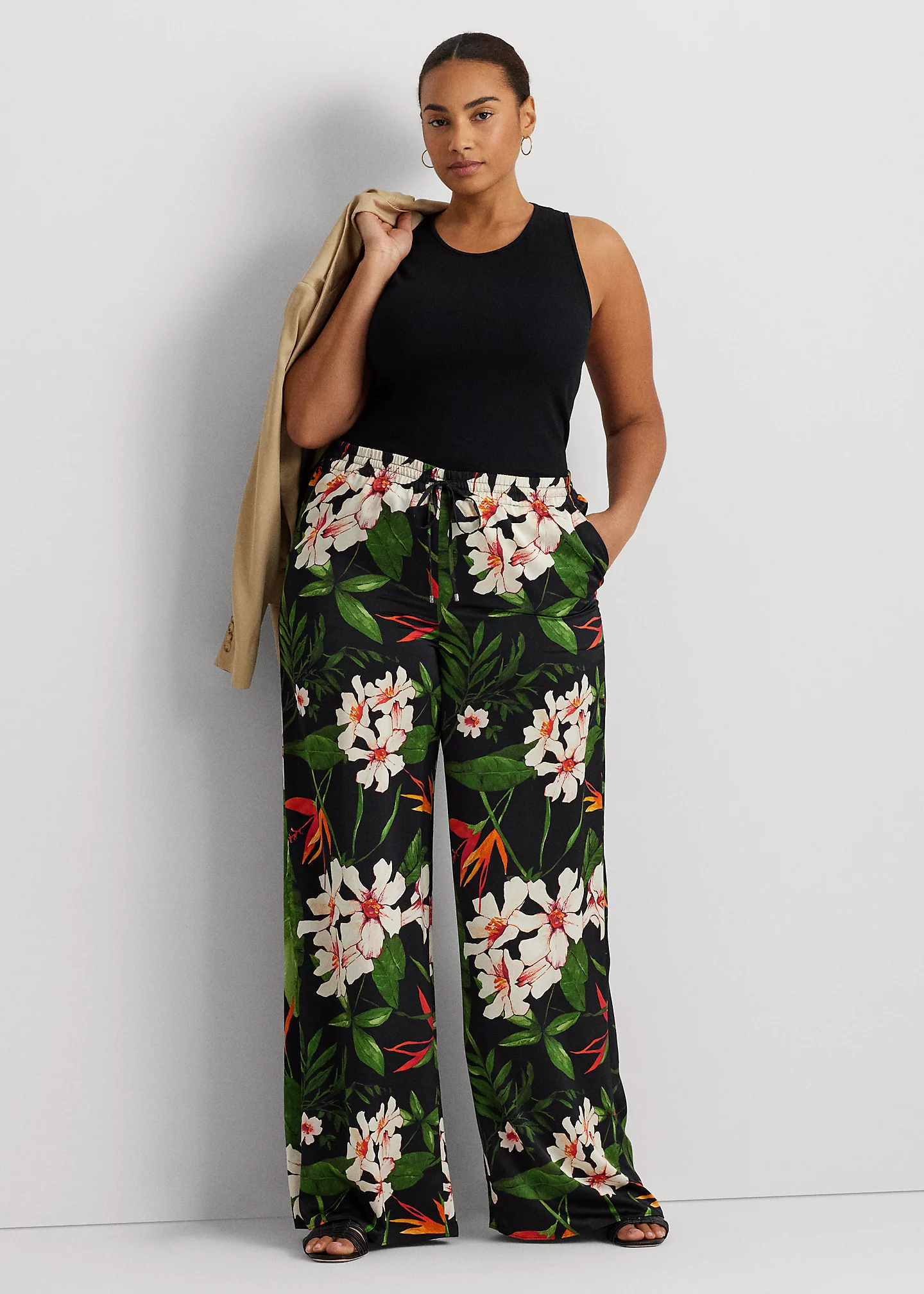 Floral Satin Charmeuse Wide-Leg Pant