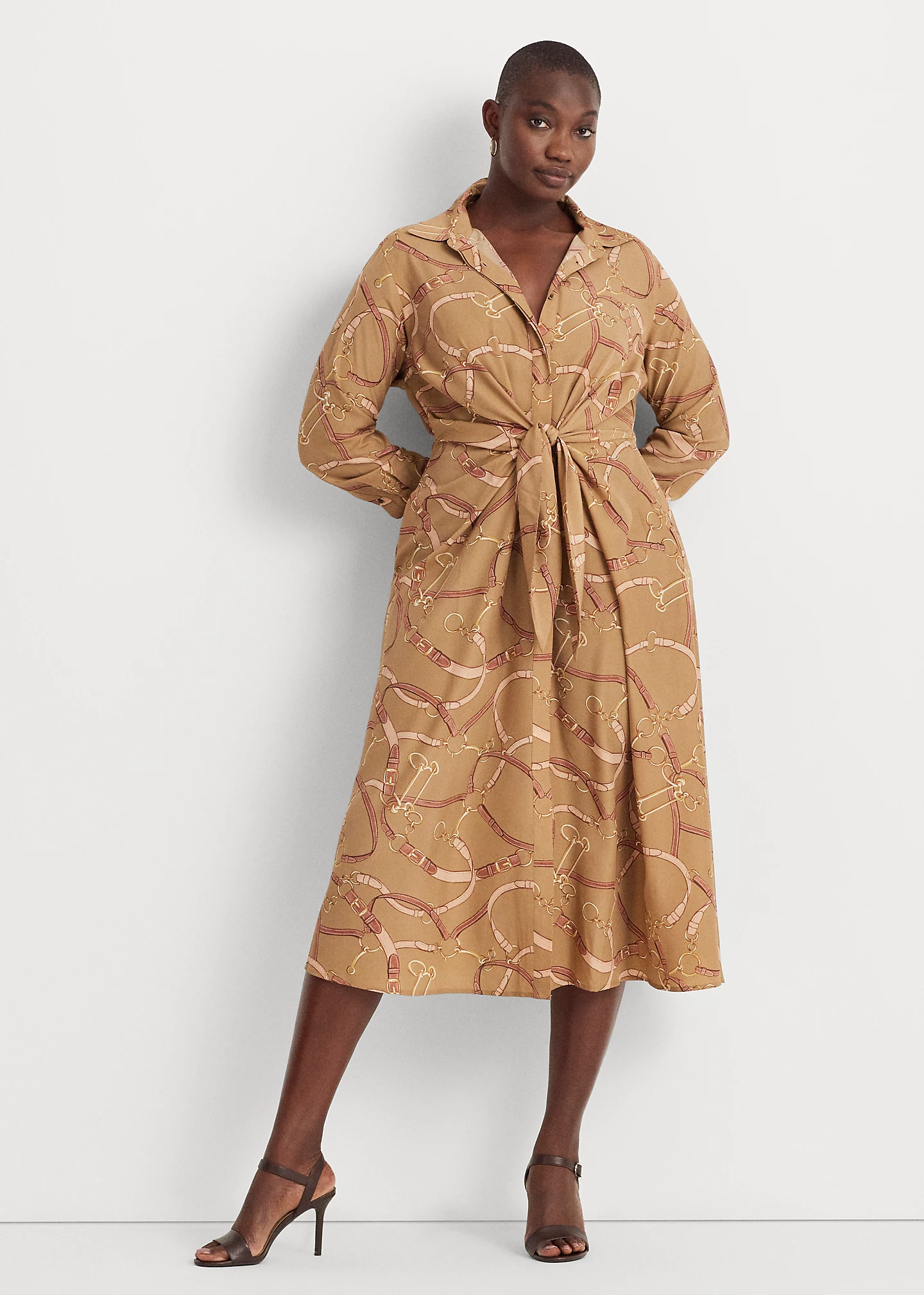 Belting-Print Tie-Front Crepe Shirtdress