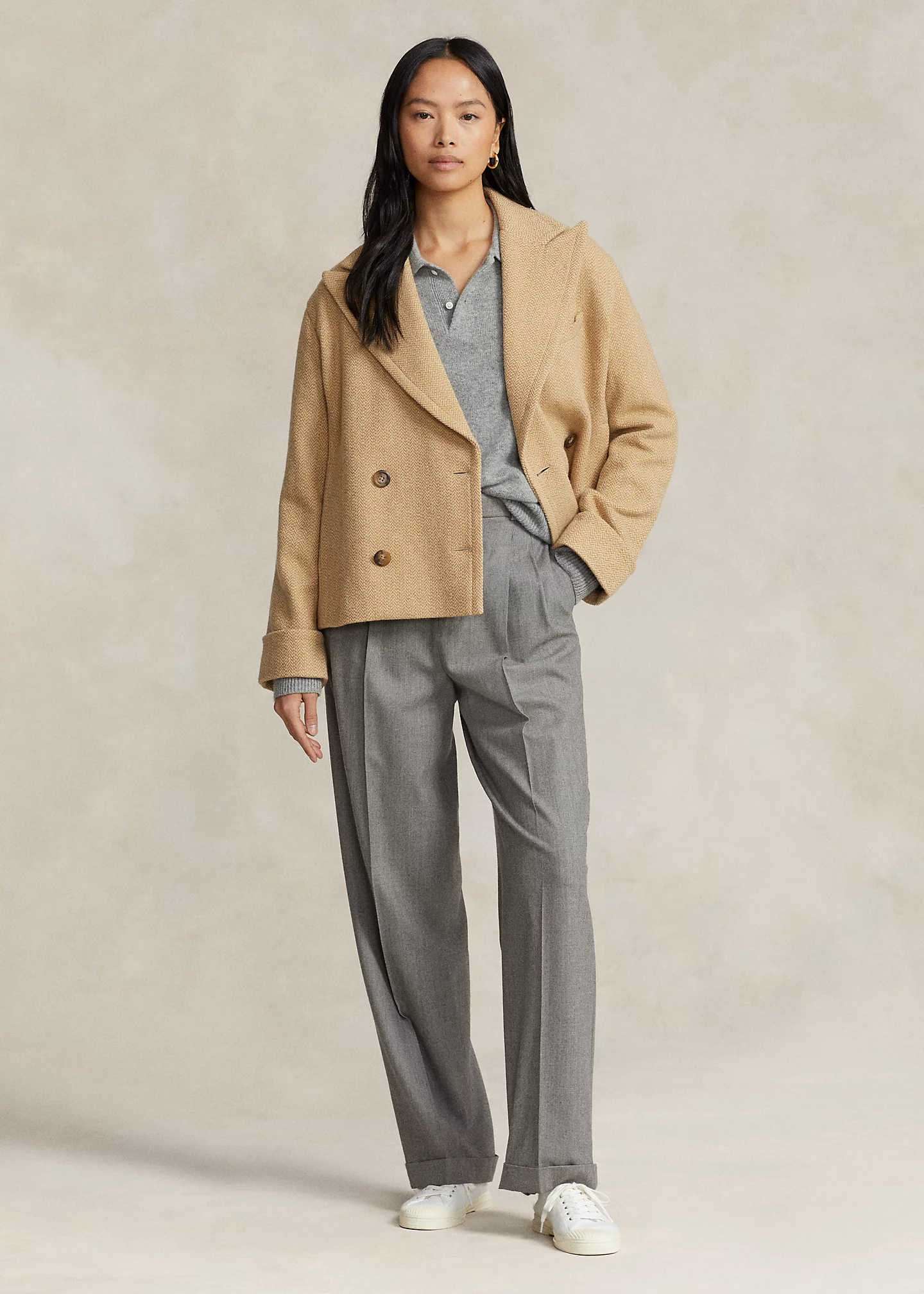 Boxy Fit Herringbone Polo Coat