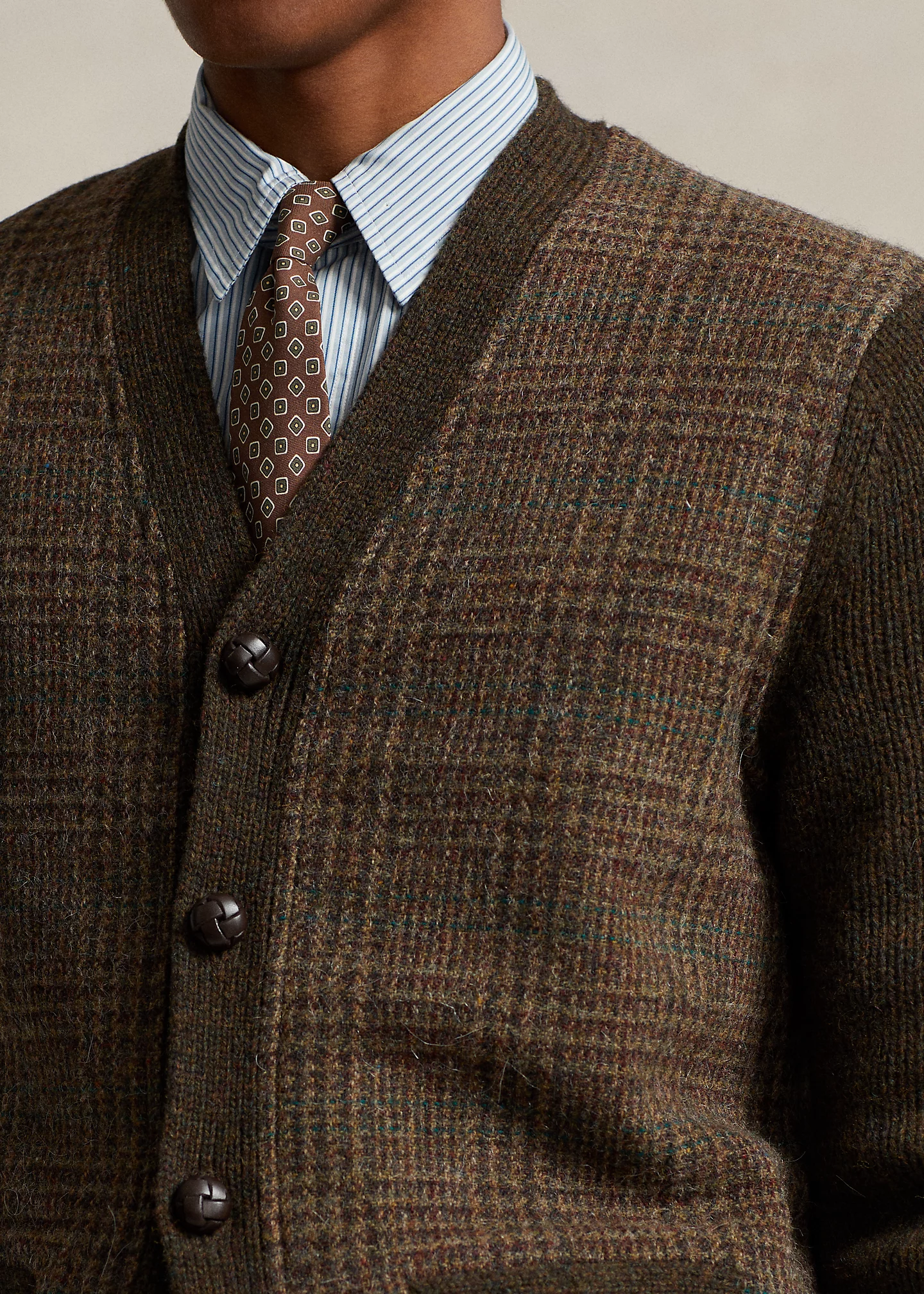 Glen Plaid Paneled Wool Cardigan